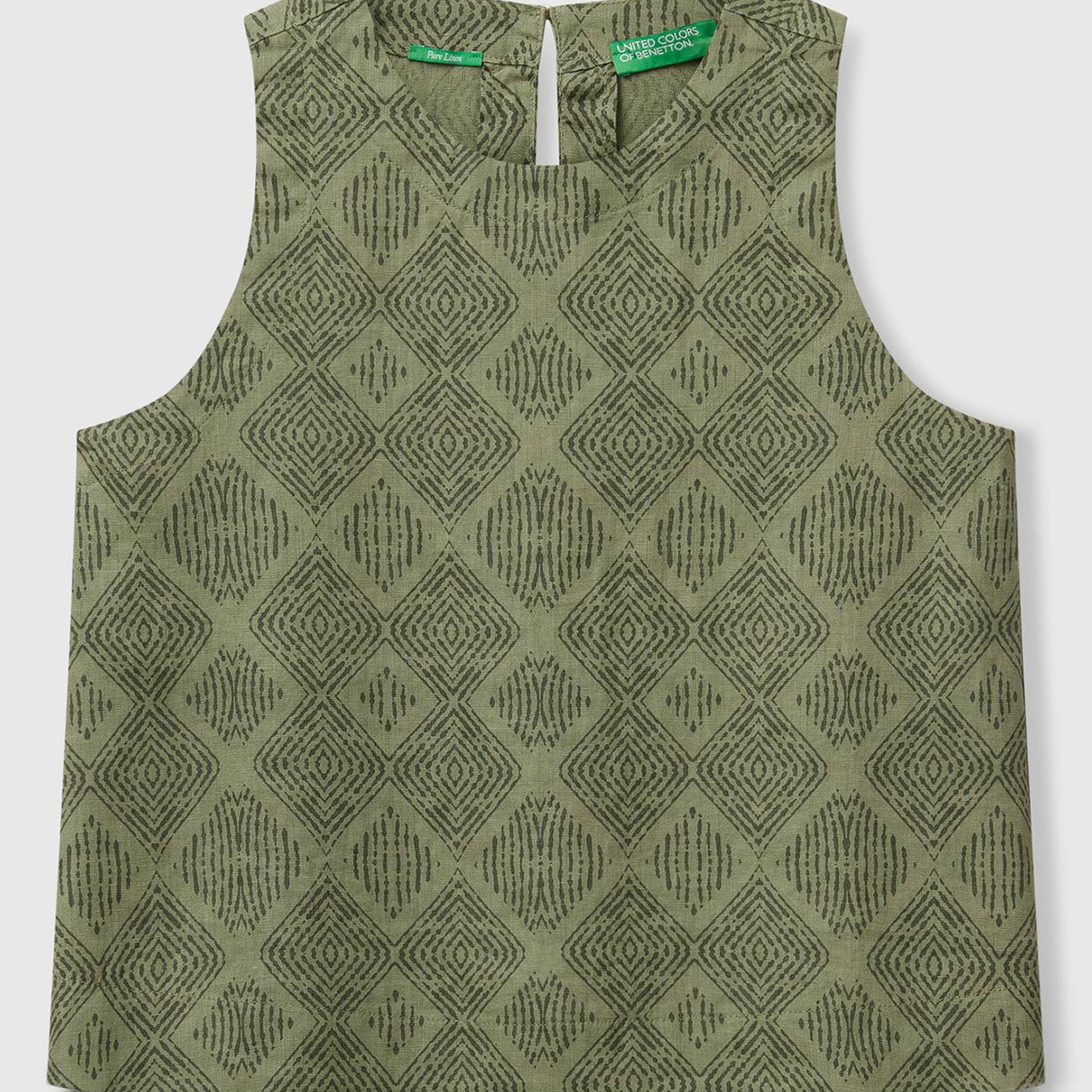 Kadın Haki %100 Keten Desenli Kolsuz Bluz