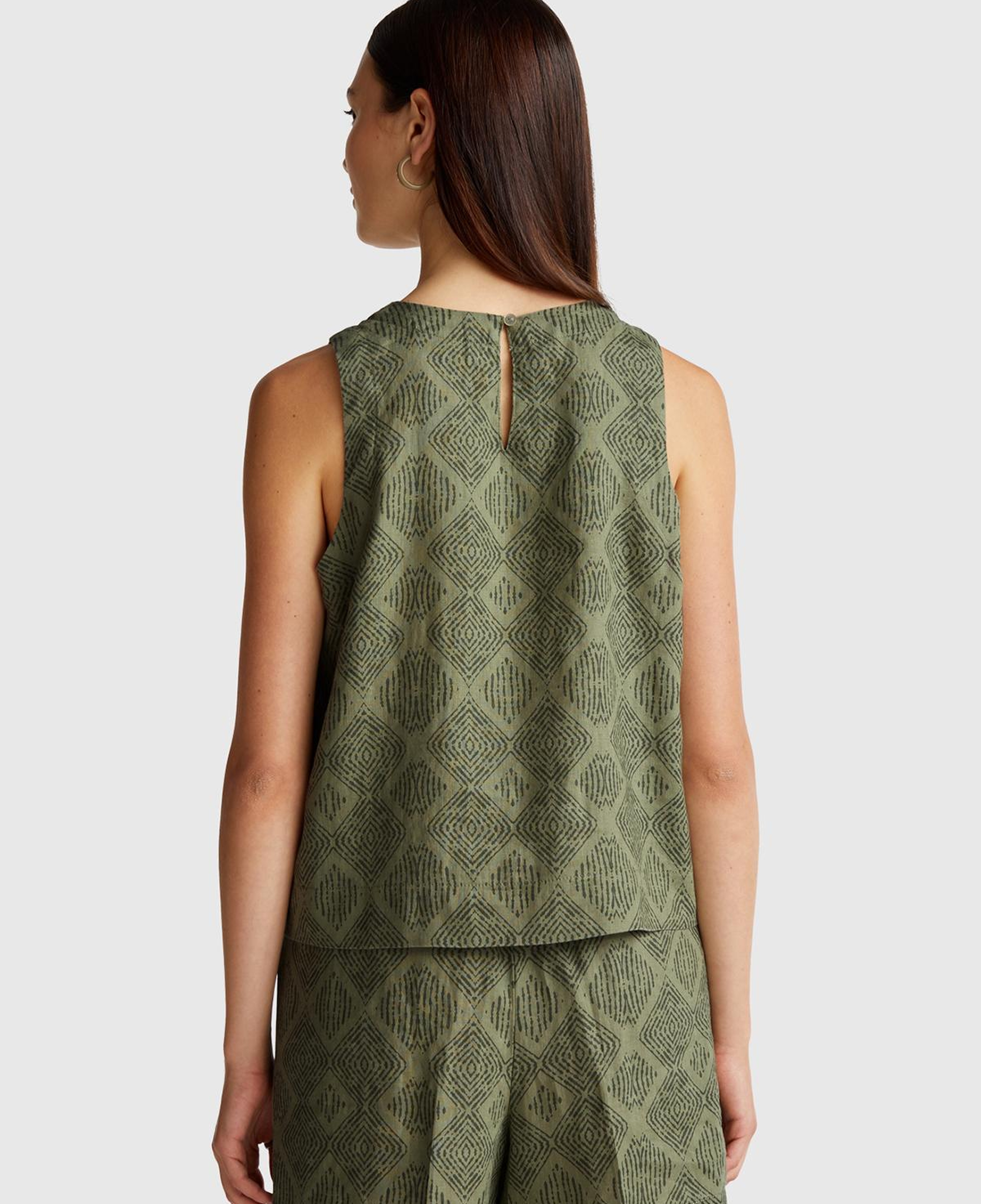 Kadın Haki %100 Keten Desenli Kolsuz Bluz