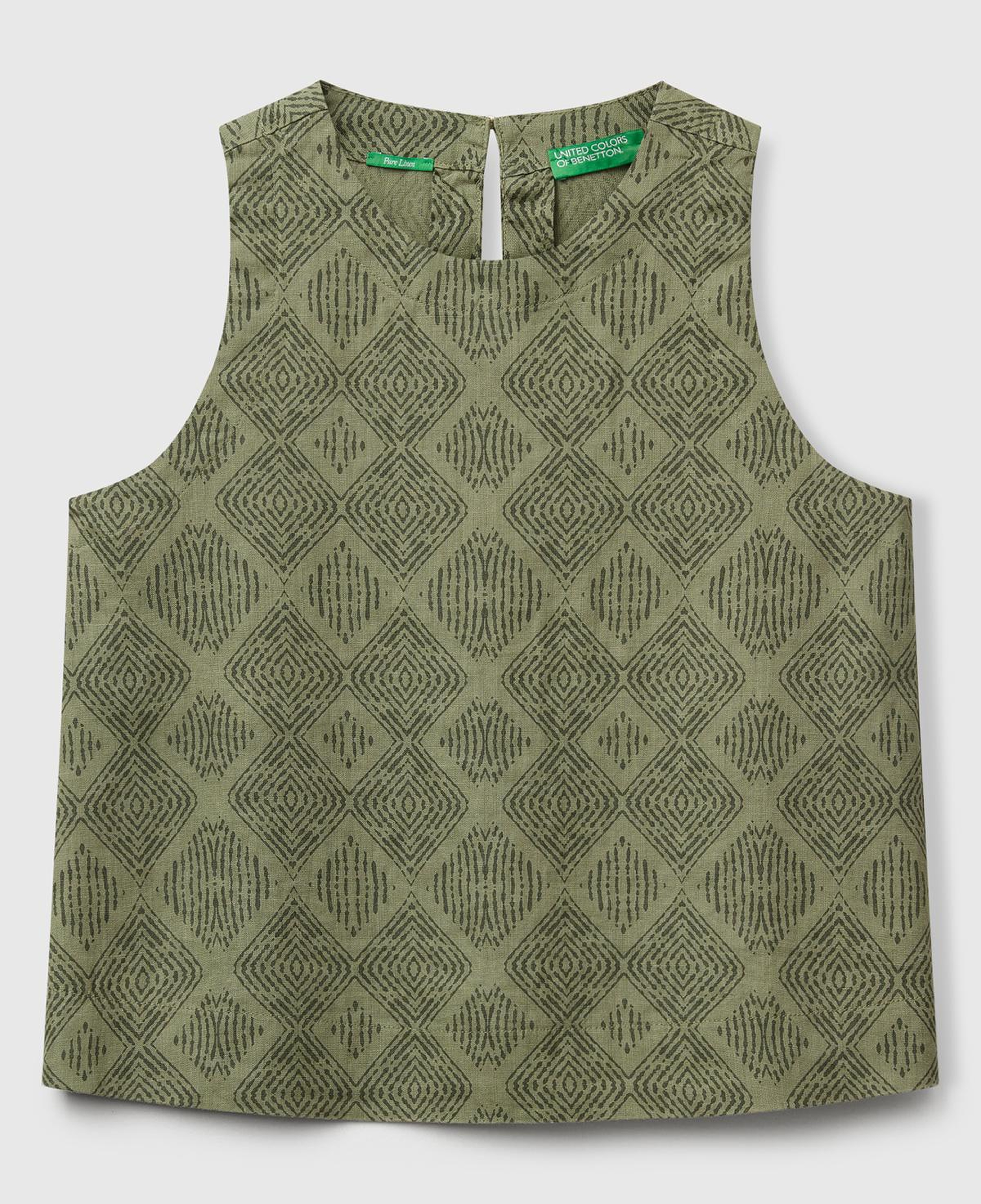 Kadın Haki %100 Keten Desenli Kolsuz Bluz