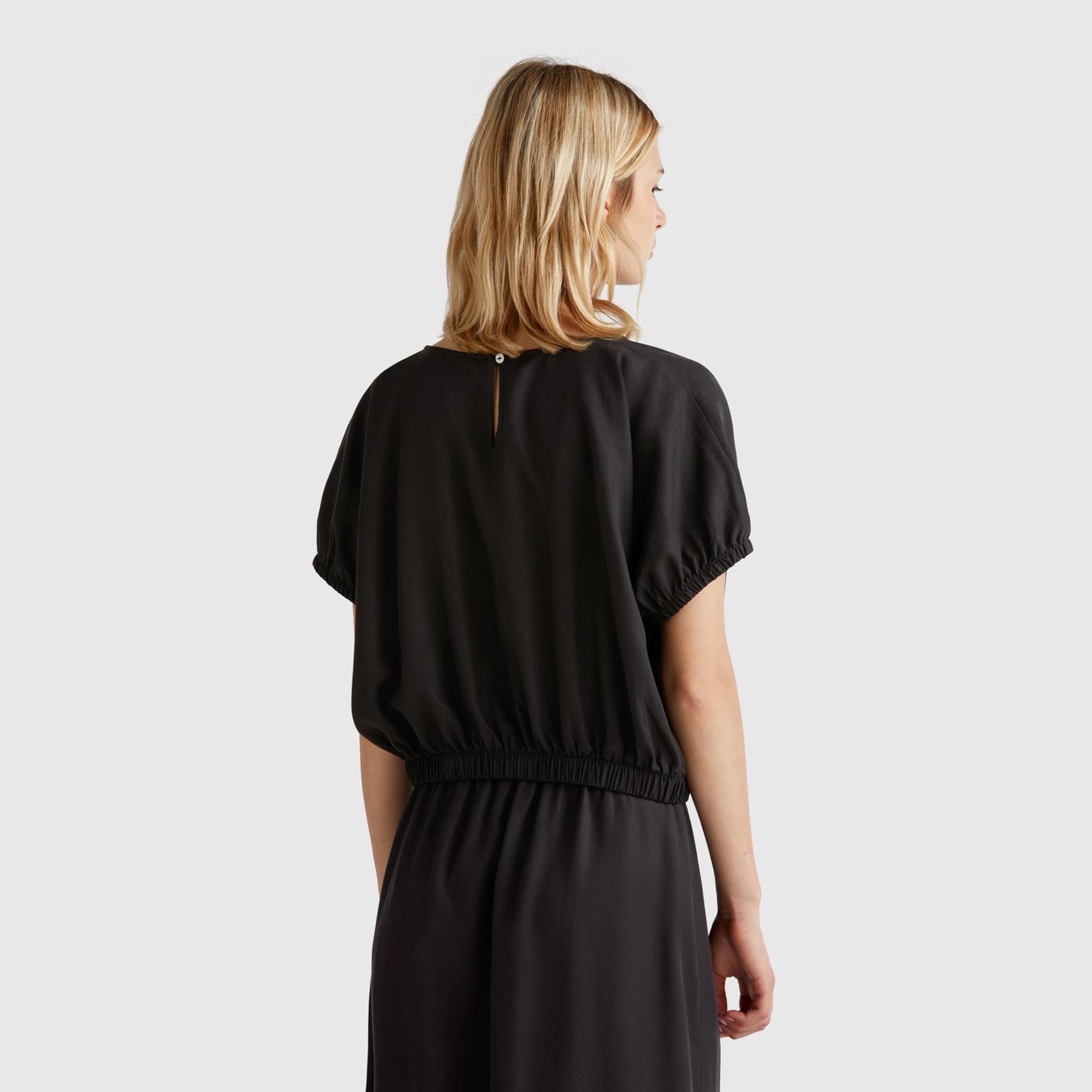 Kadın Siyah %100 Liyosel Beli Lastikli Kimona Kol Bluz