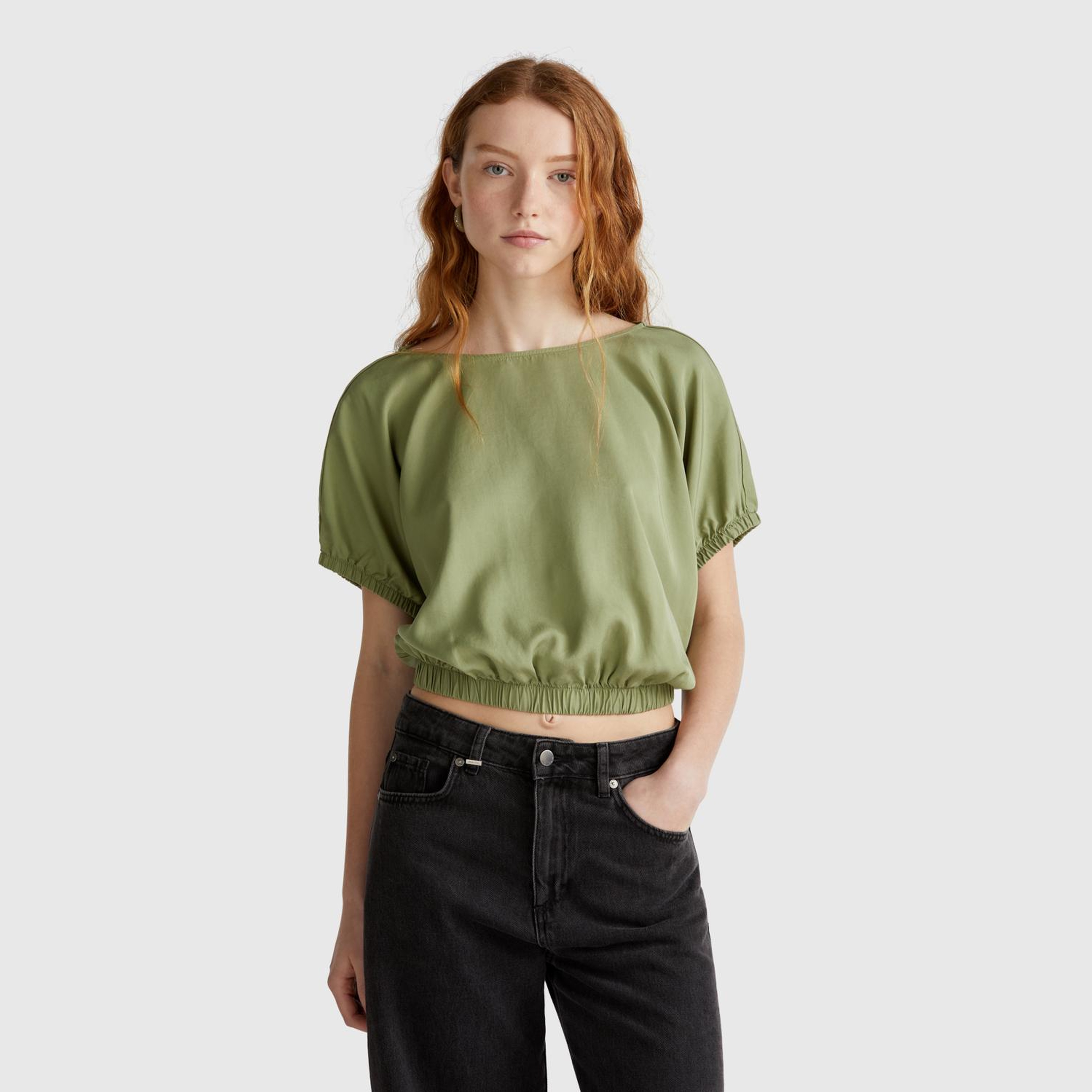 Kadın Adaçayı yeşili %100 Liyosel Beli Lastikli Kimona Kol Bluz