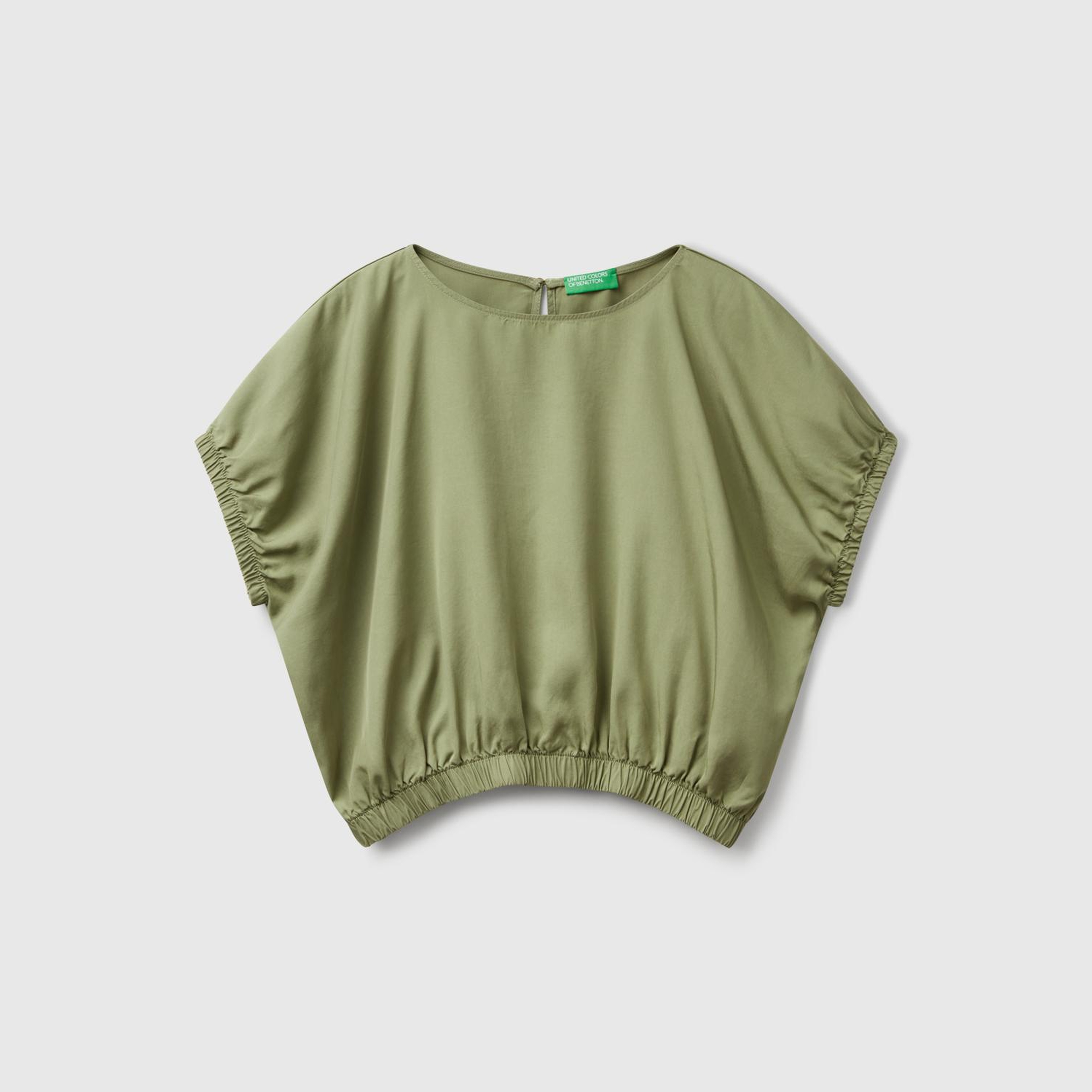 Kadın Adaçayı yeşili %100 Liyosel Beli Lastikli Kimona Kol Bluz