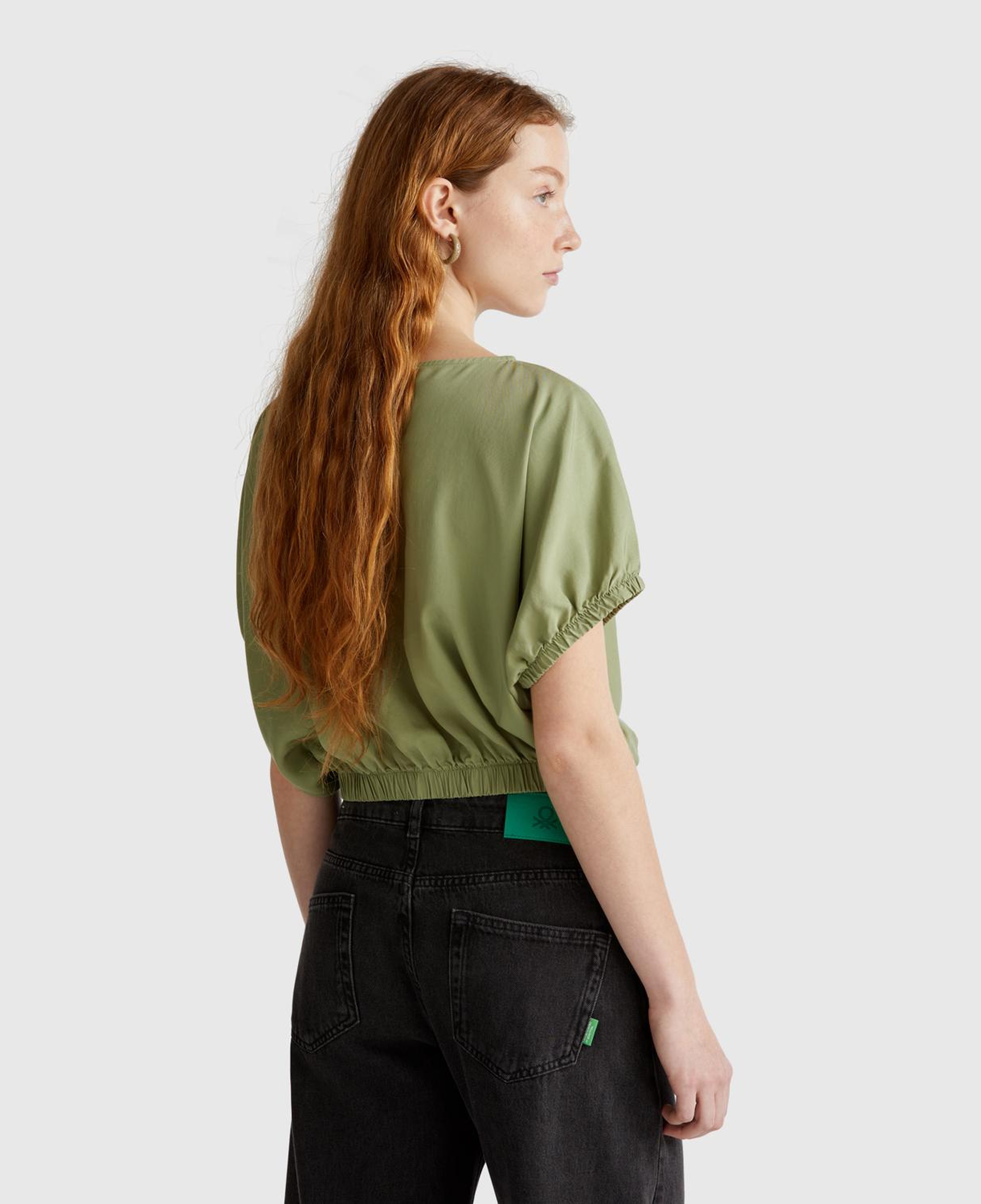 Kadın Adaçayı yeşili %100 Liyosel Beli Lastikli Kimona Kol Bluz