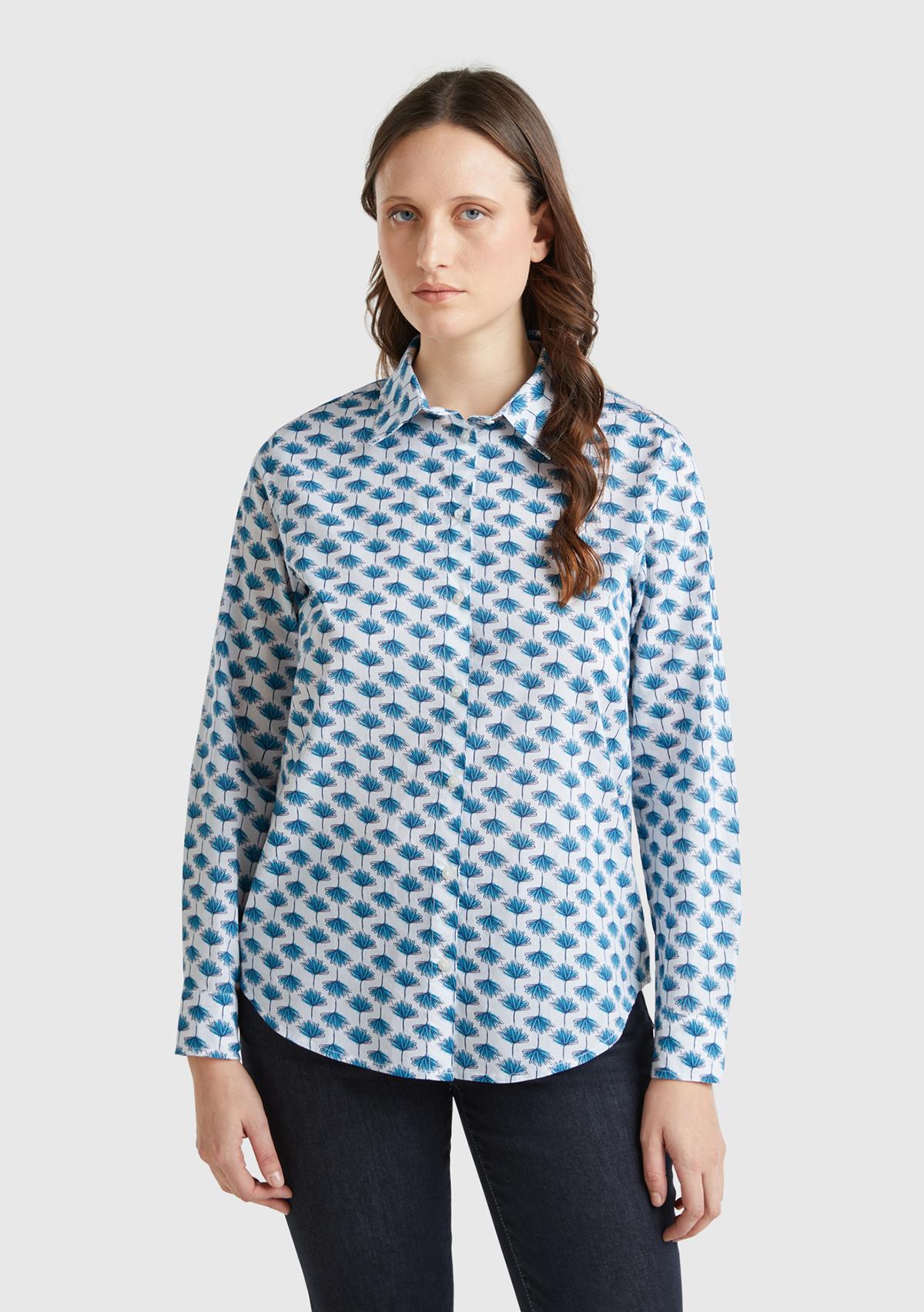 Kadın Mavi %100 Pamuk Desenli Manşetli Regular Fit Müslin Gömlek