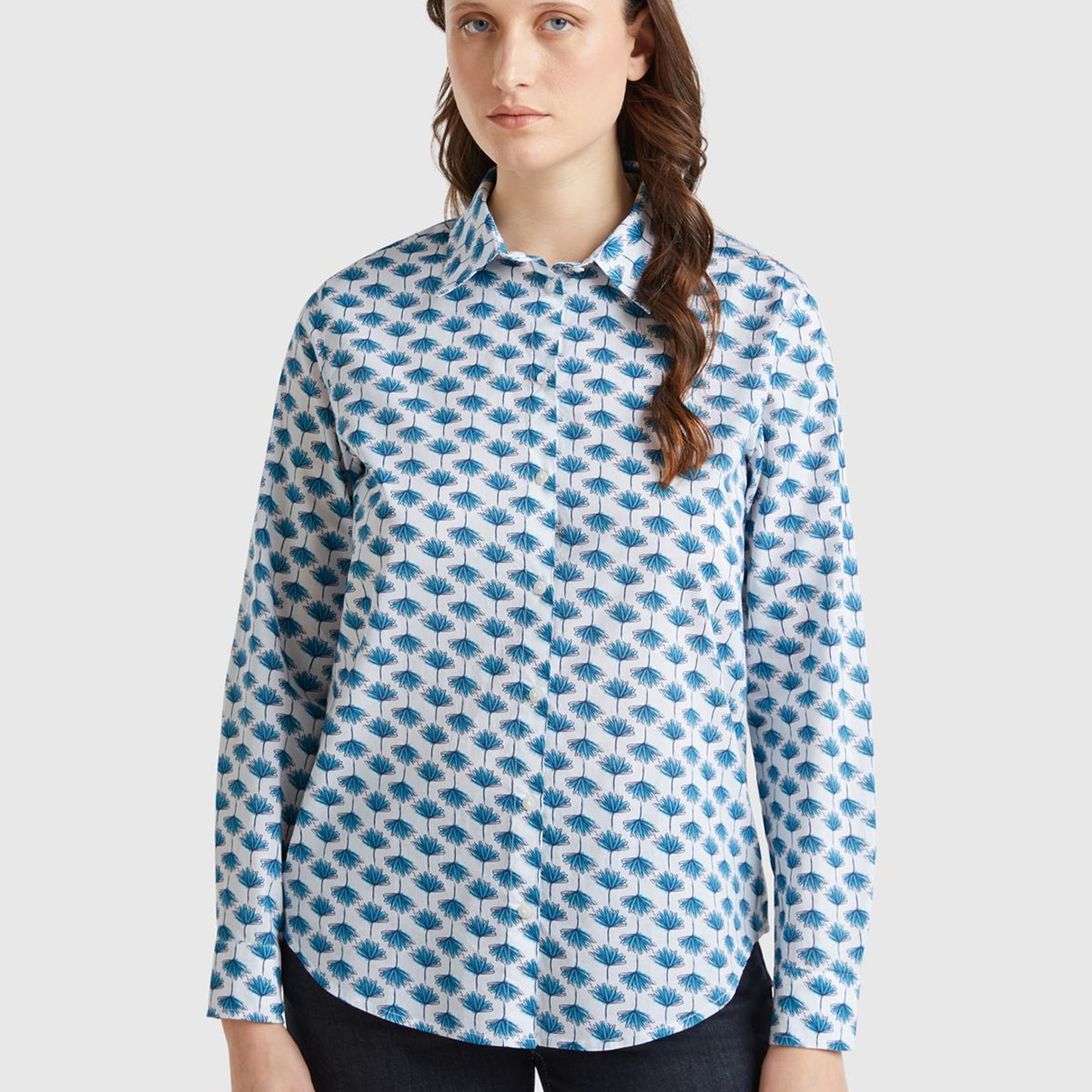 Kadın Mavi %100 Pamuk Desenli Manşetli Regular Fit Müslin Gömlek