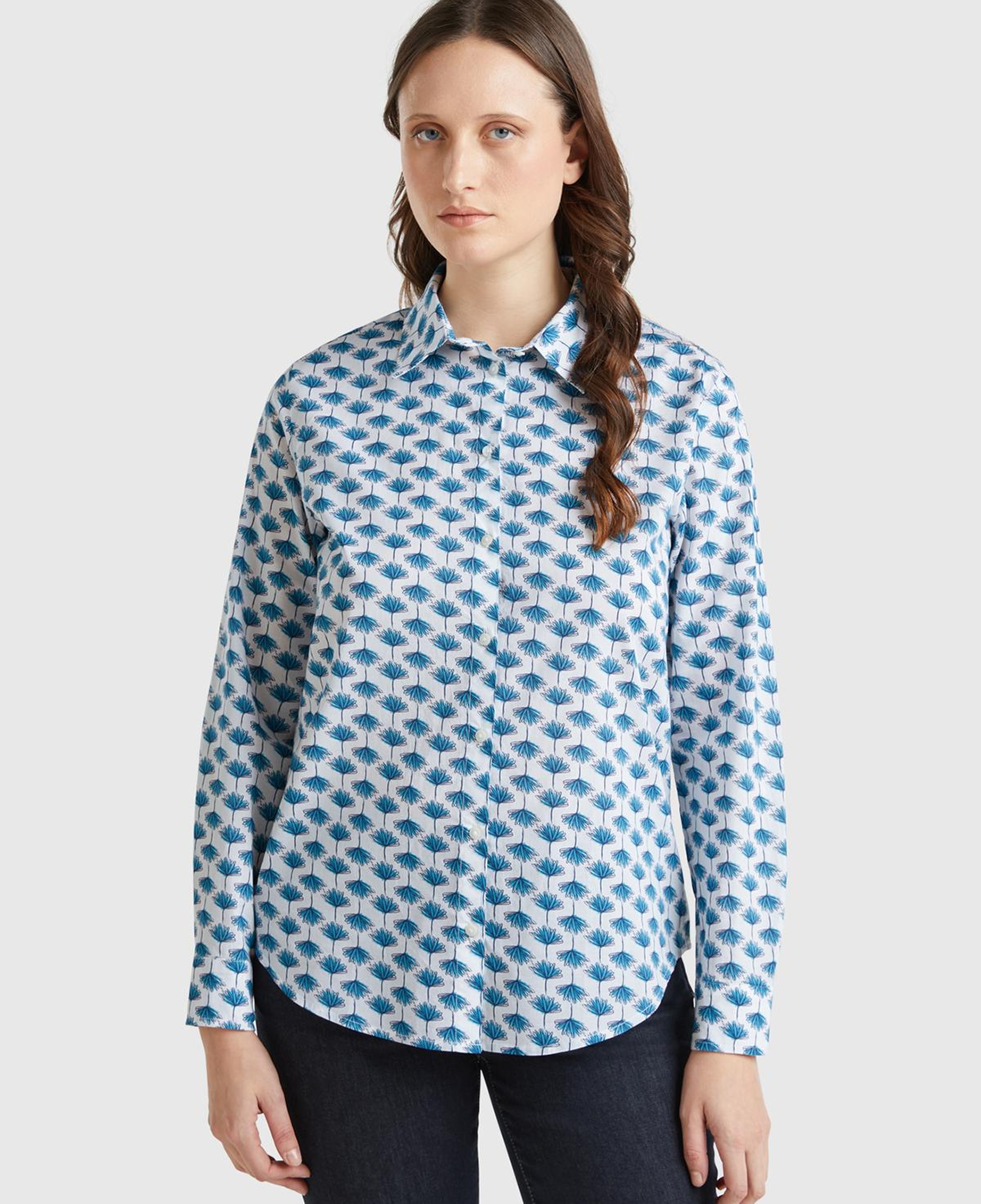Kadın Mavi %100 Pamuk Desenli Manşetli Regular Fit Müslin Gömlek