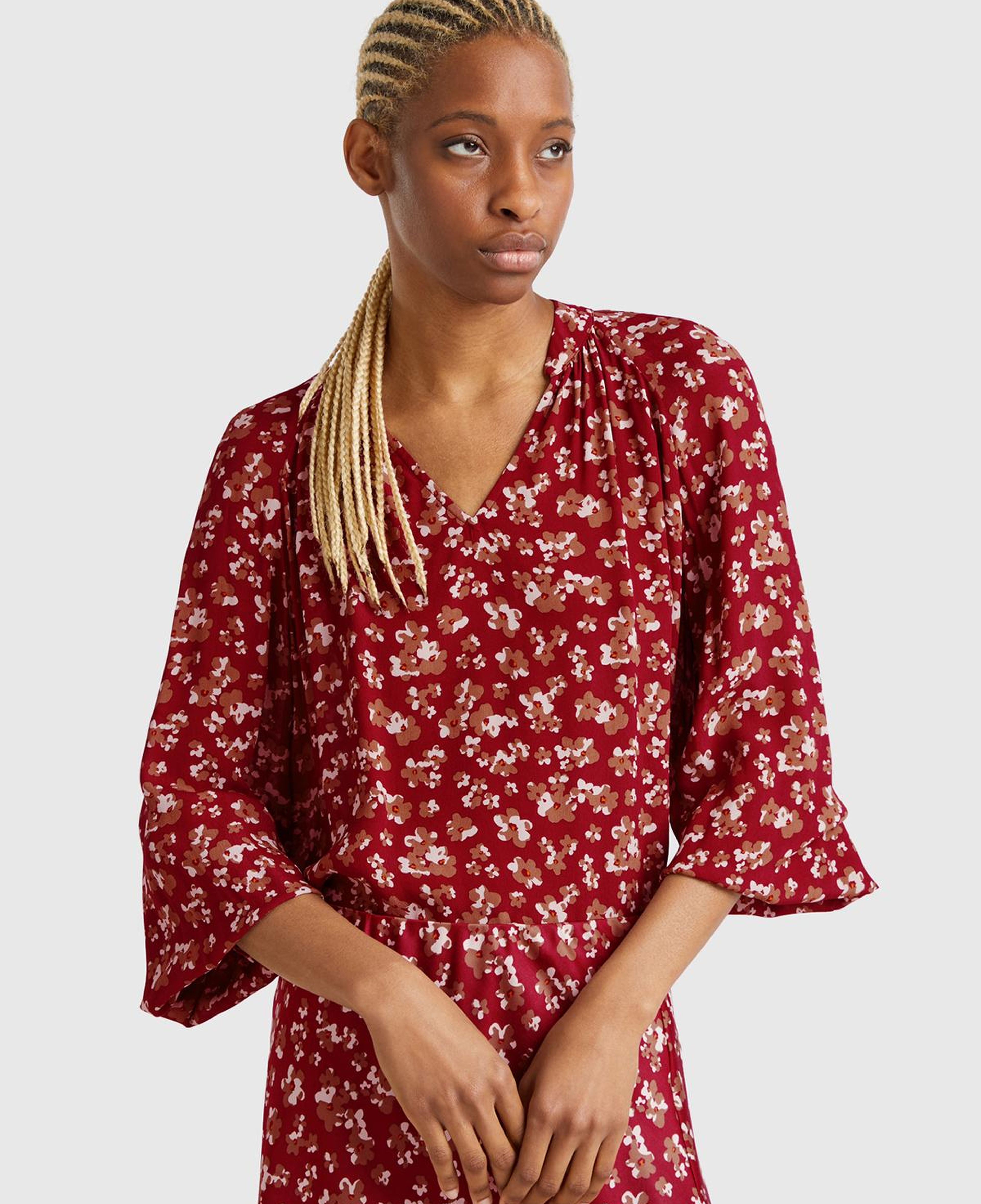 Kadın Bordo %100 Viskoz V Yaka Raglan Kol Bluz