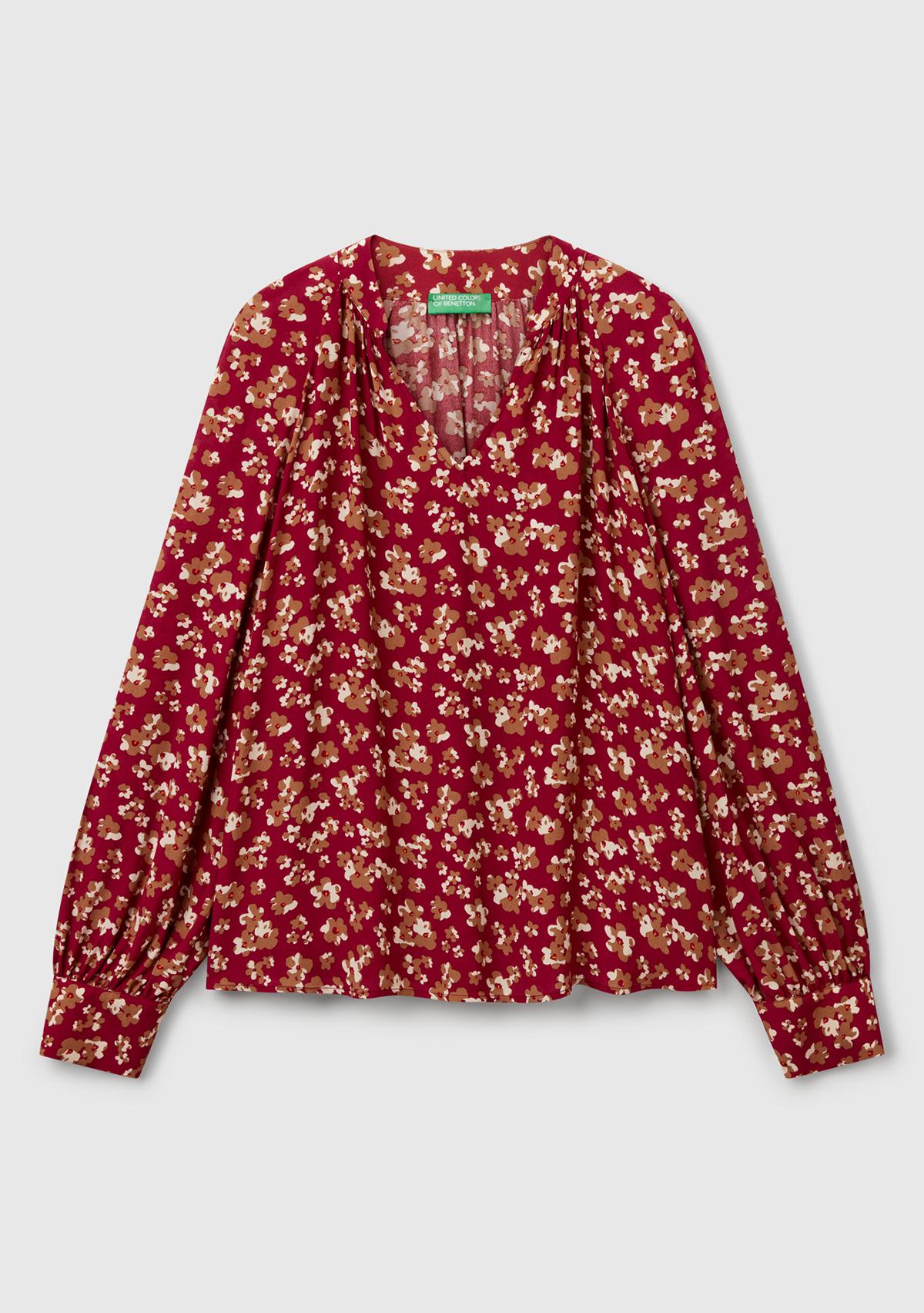 Kadın Bordo %100 Viskoz V Yaka Raglan Kol Bluz