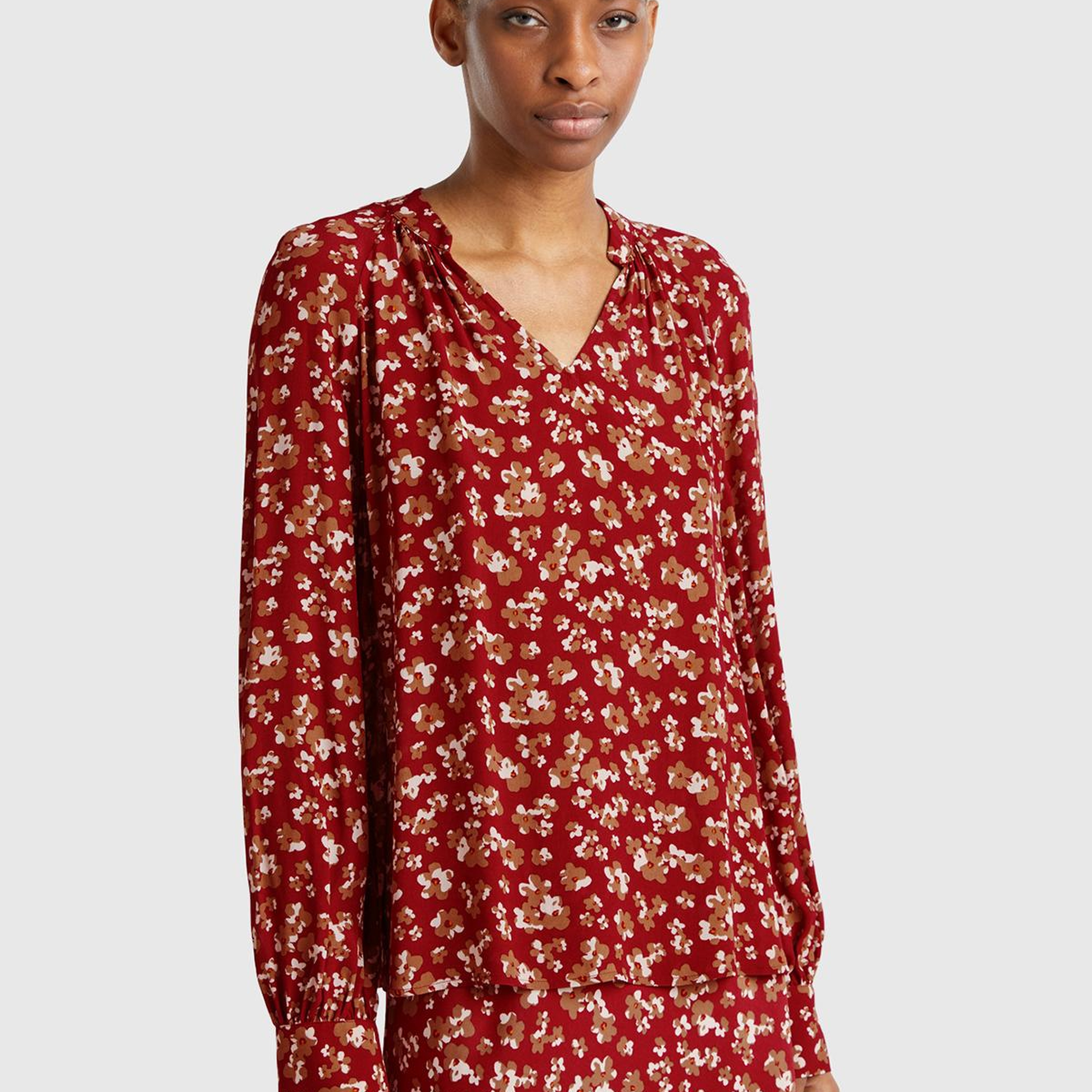 Kadın Bordo %100 Viskoz V Yaka Raglan Kol Bluz