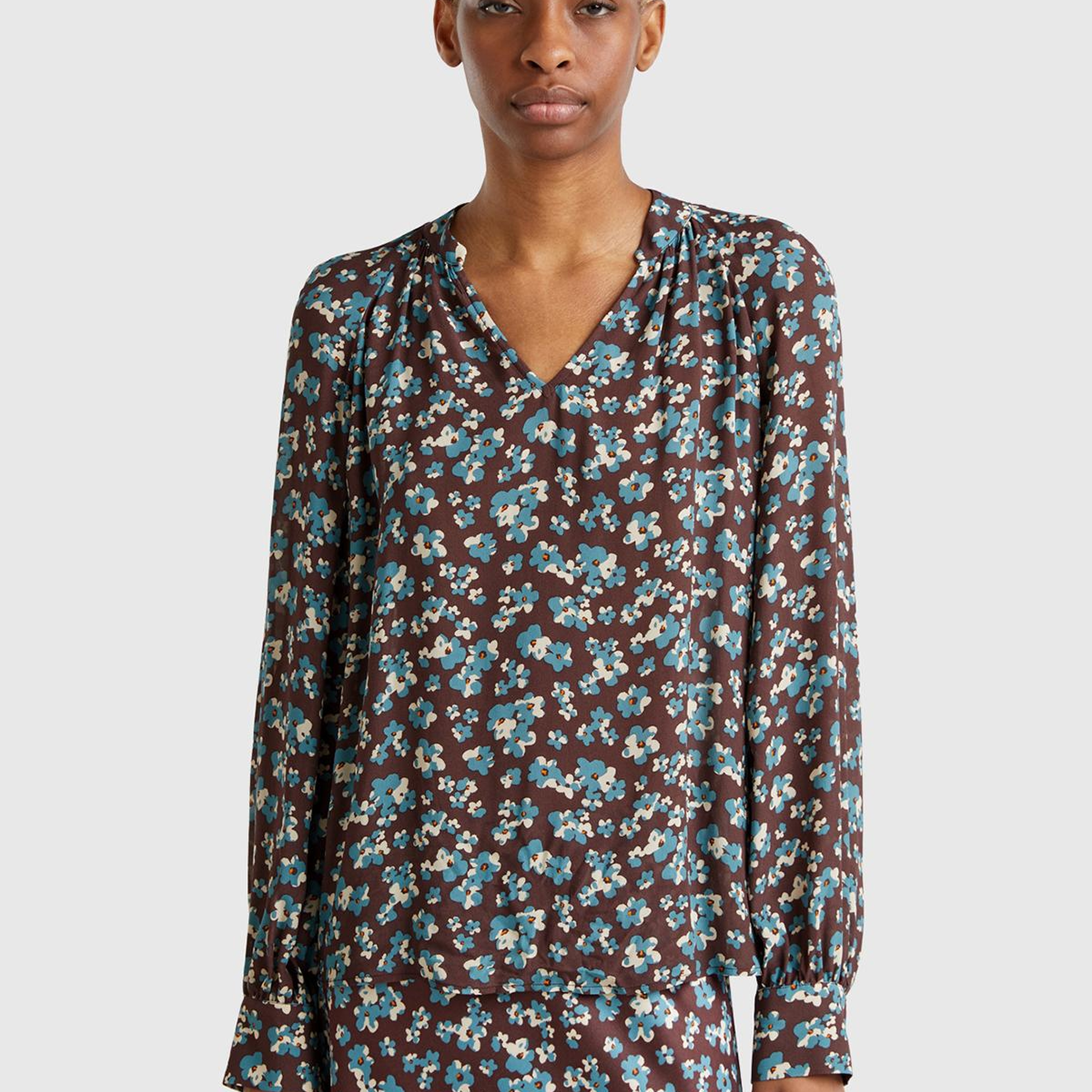 Kadın Kahverengi %100 Viskoz V Yaka Raglan Kol Bluz