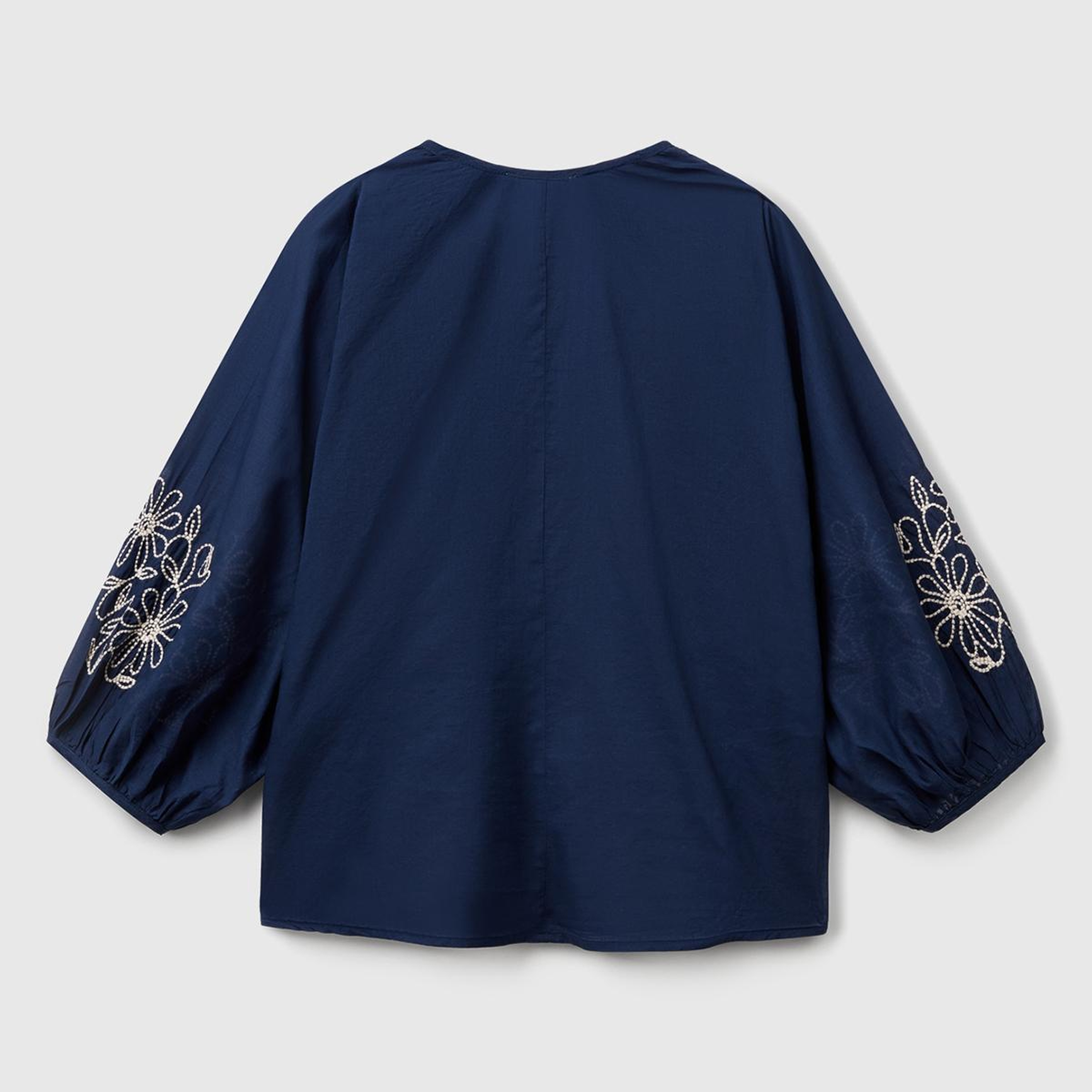 Kadın Lacivert %100 Koton Rahat Kalıp Kolları Çiçek İşlemeli Hakim Yaka Gömlek