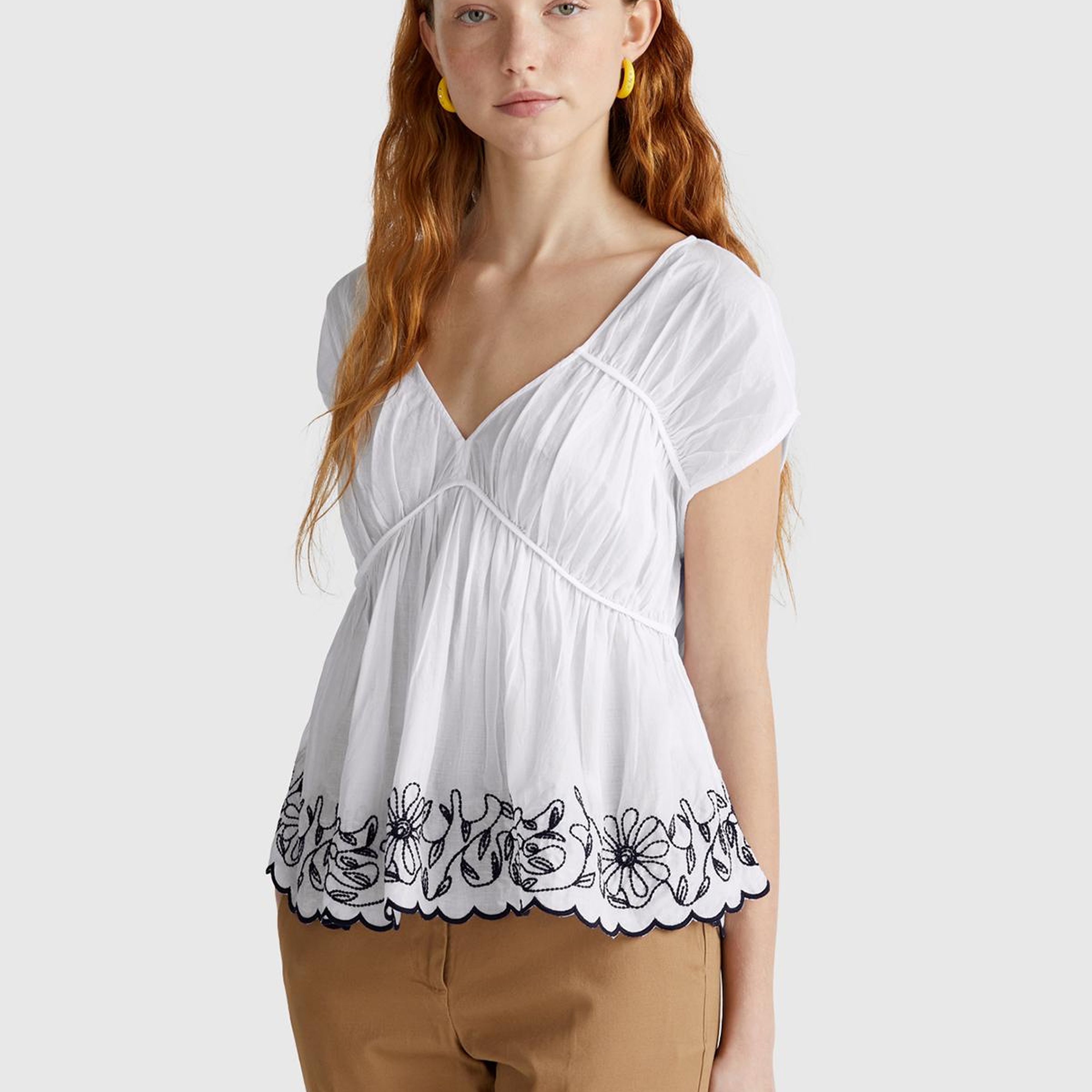 Kadın Beyaz %100 Koton Rahat Kalıp Çiçek İşlemeli Kısa Kollu Bluz