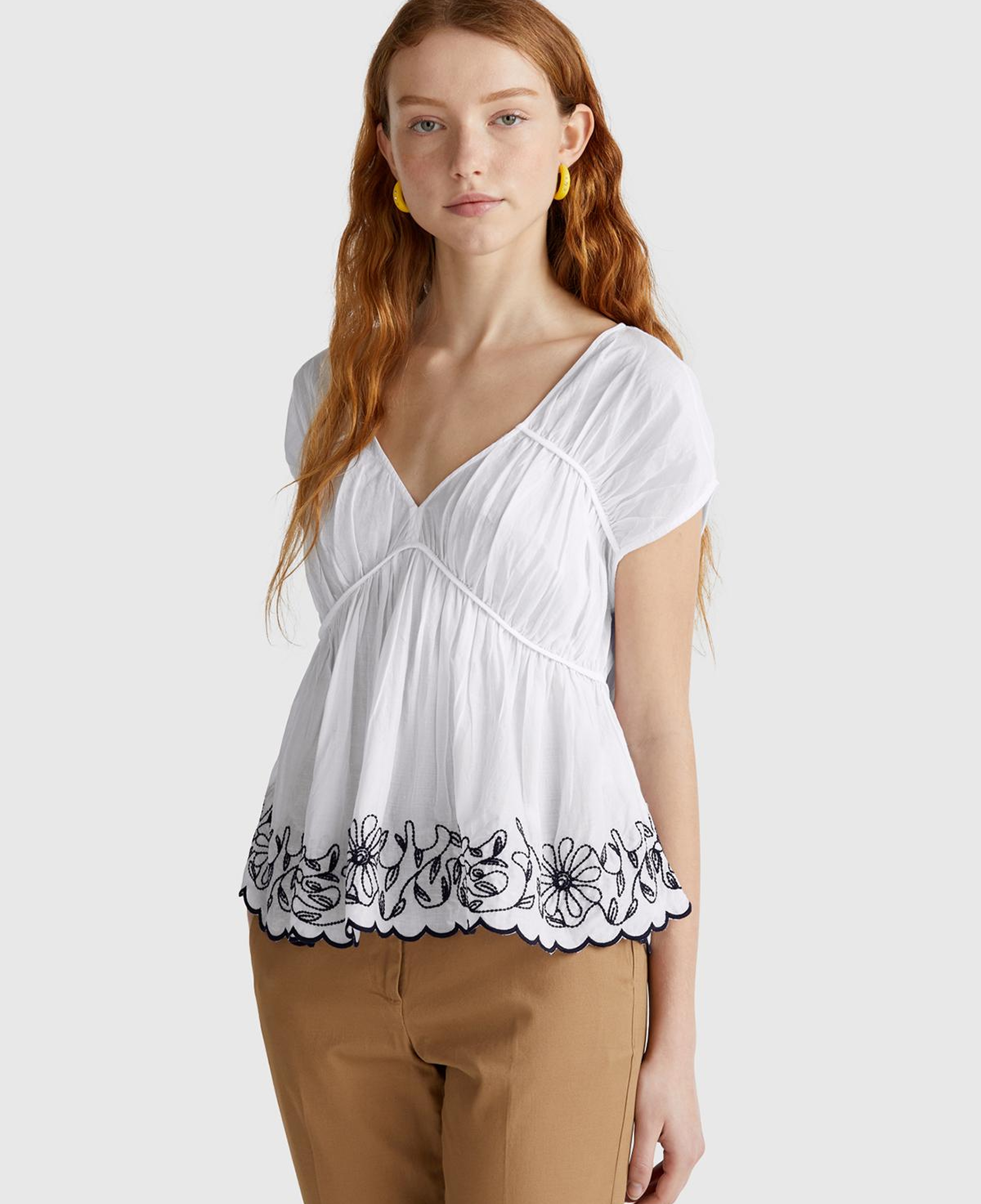 Kadın Beyaz %100 Koton Rahat Kalıp Çiçek İşlemeli Kısa Kollu Bluz