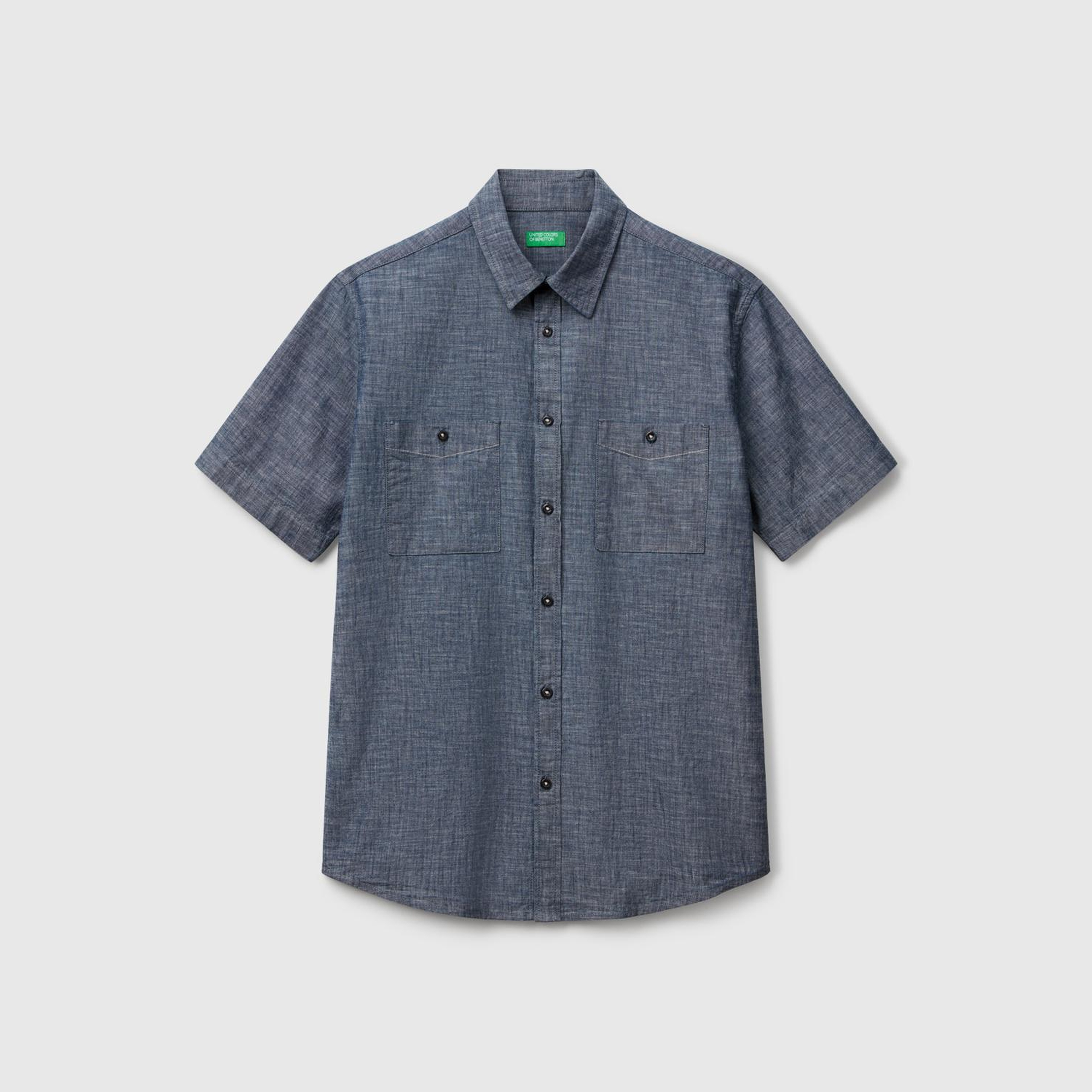 Erkek Mavi %100 Koton Kısa Kollu Regular Fit Şamre Gömlek