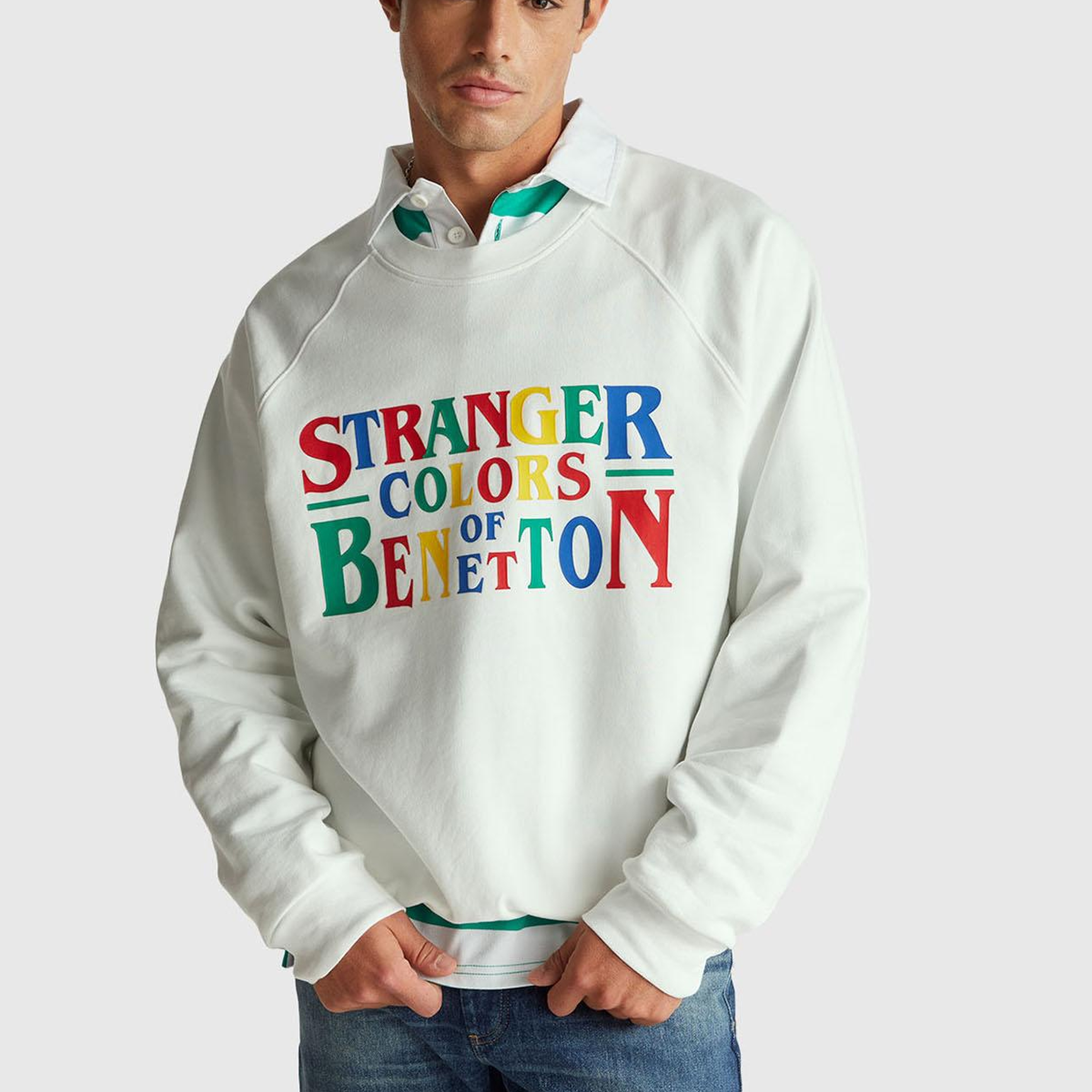 Erkek Beyaz  %100 Pamuk Relaxed Fit Stranger Things Baskılı Sweatshirt