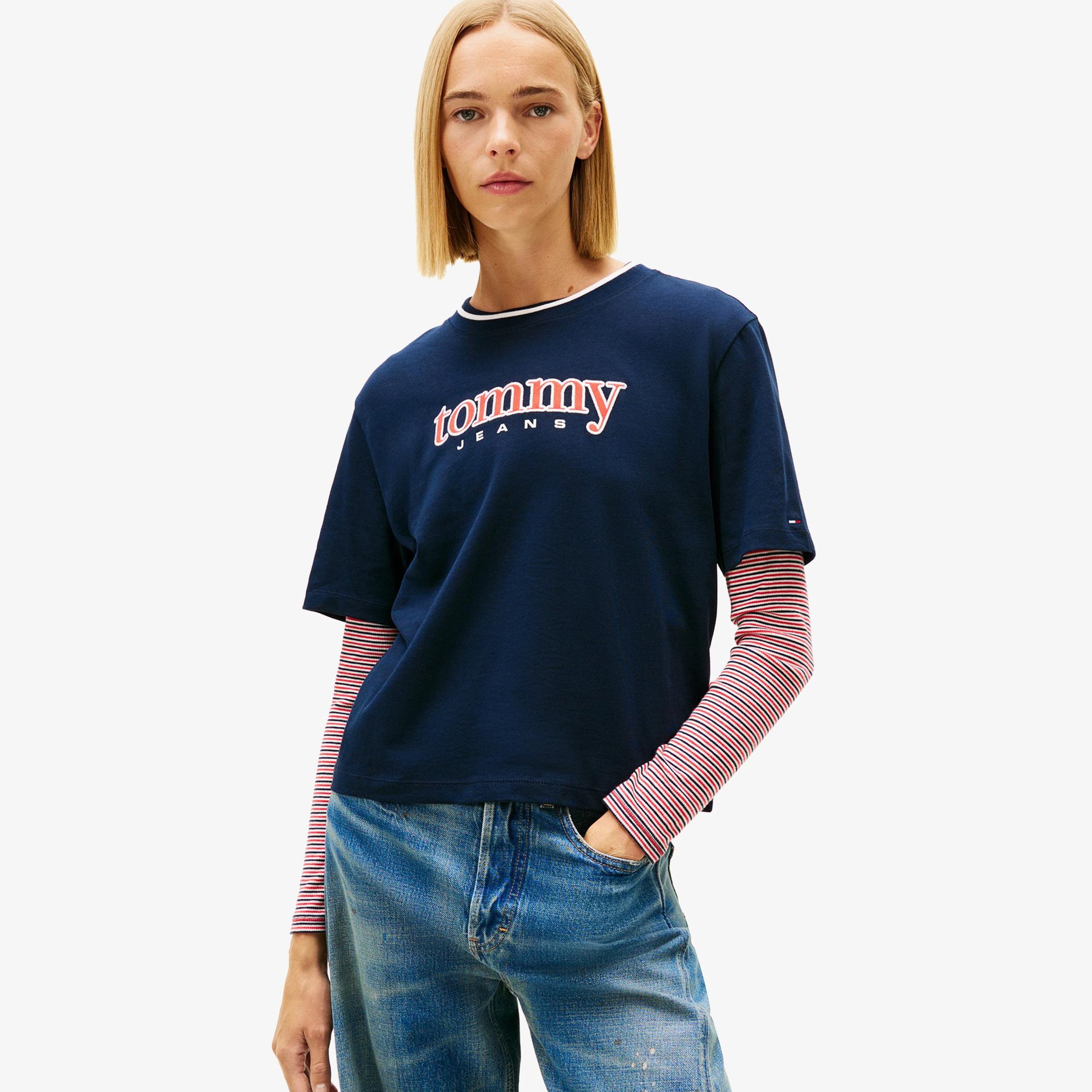 Tommy Hilfiger Boxy Tommy Applique Kadın Mavi T-Shirt