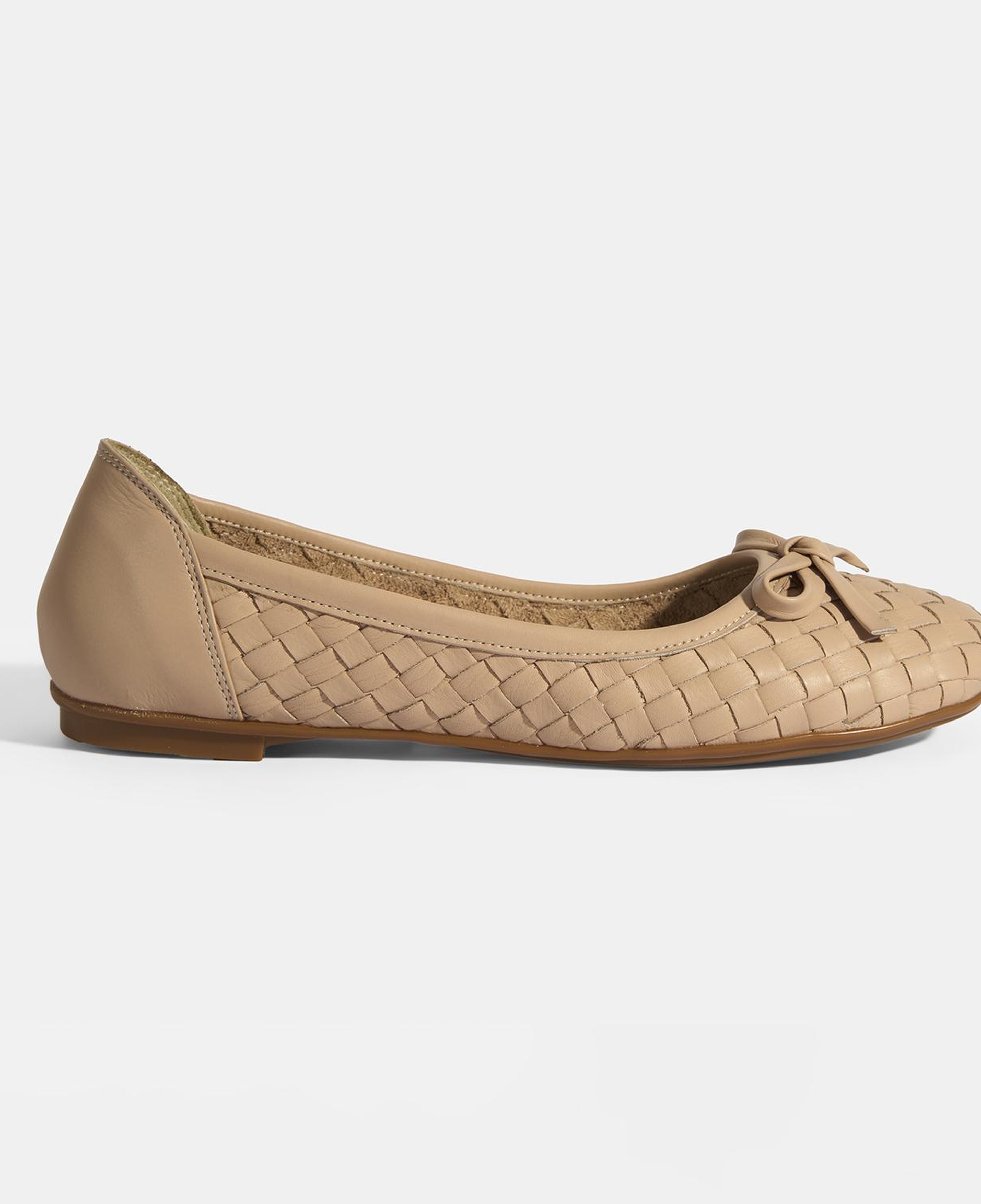 Kadın Pudra Örgü Detaylı Fiyonklu Deri Babet