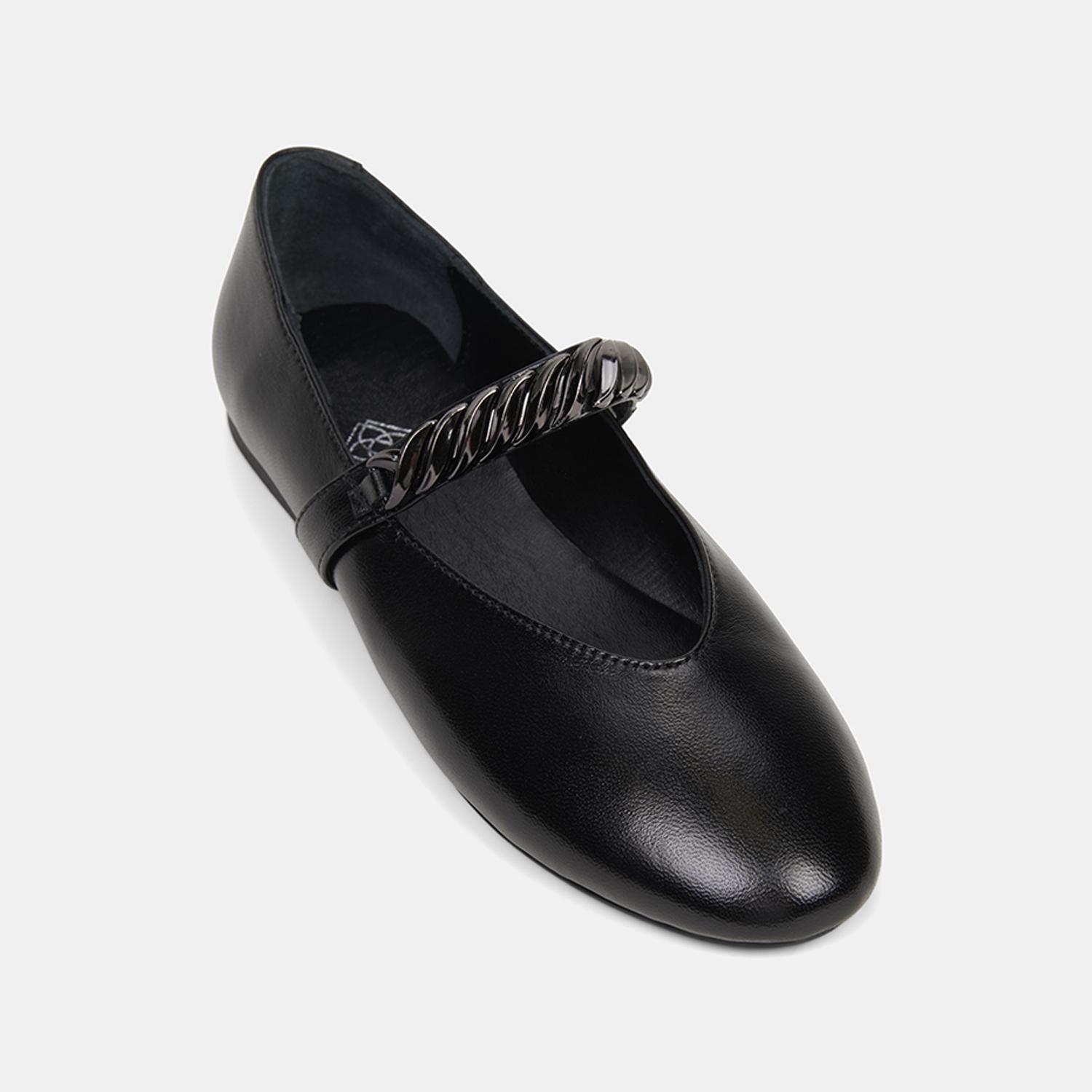 Kadın Siyah Metal Aksesuarlı Mary Jane Deri Babet