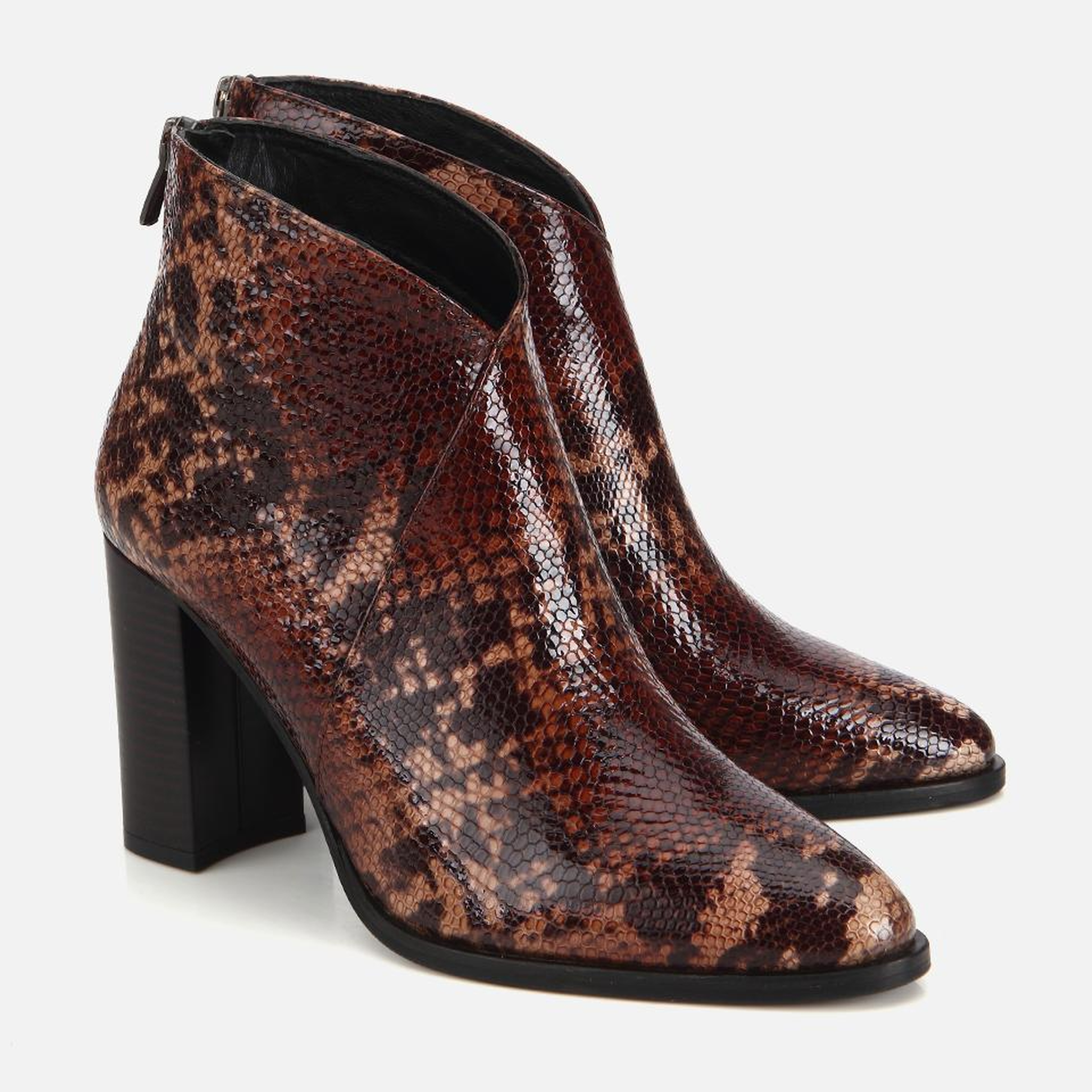 Kadın Deri Kahverengi Yılan Desenli Topuklu Bot
