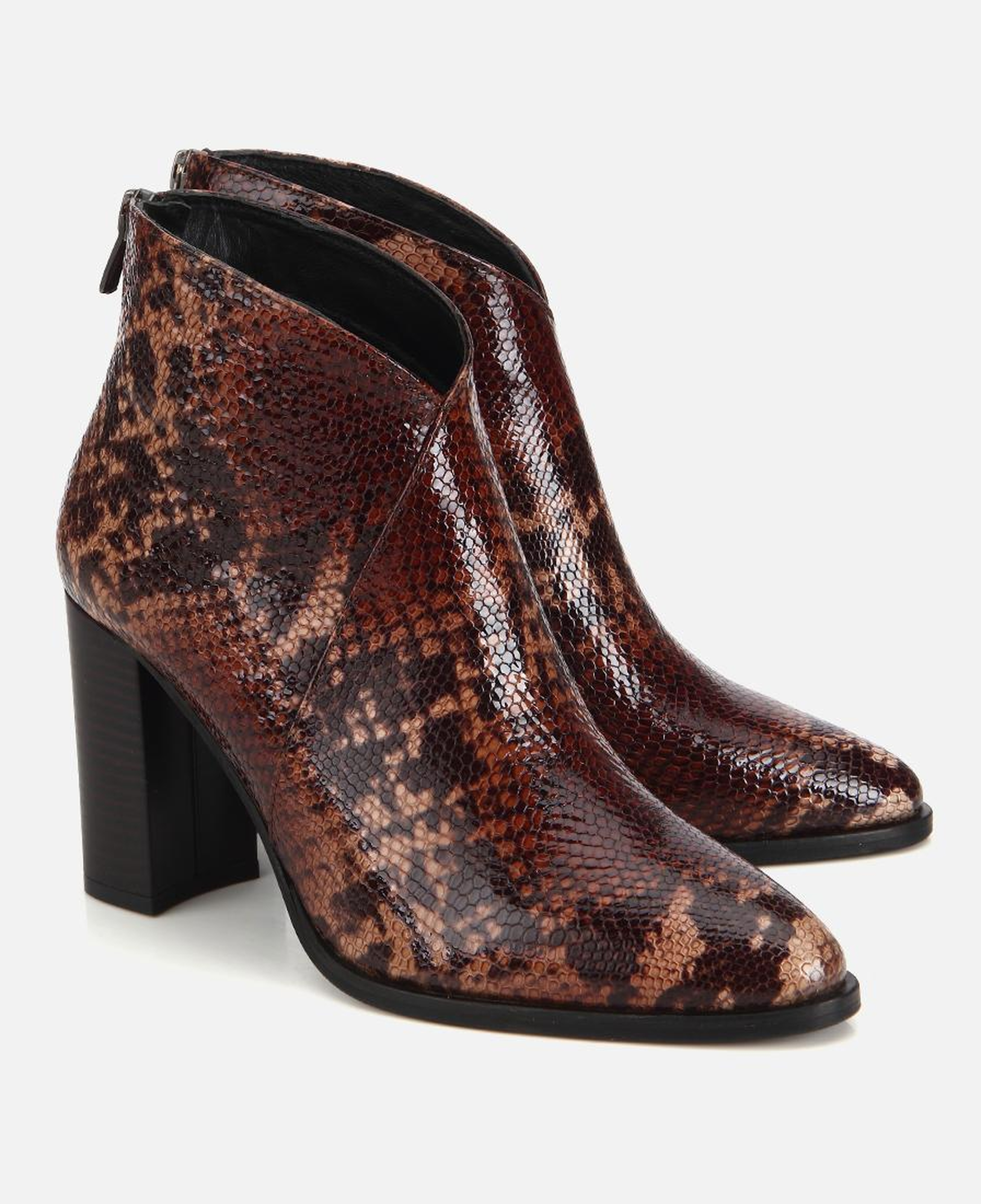 Kadın Deri Kahverengi Yılan Desenli Topuklu Bot