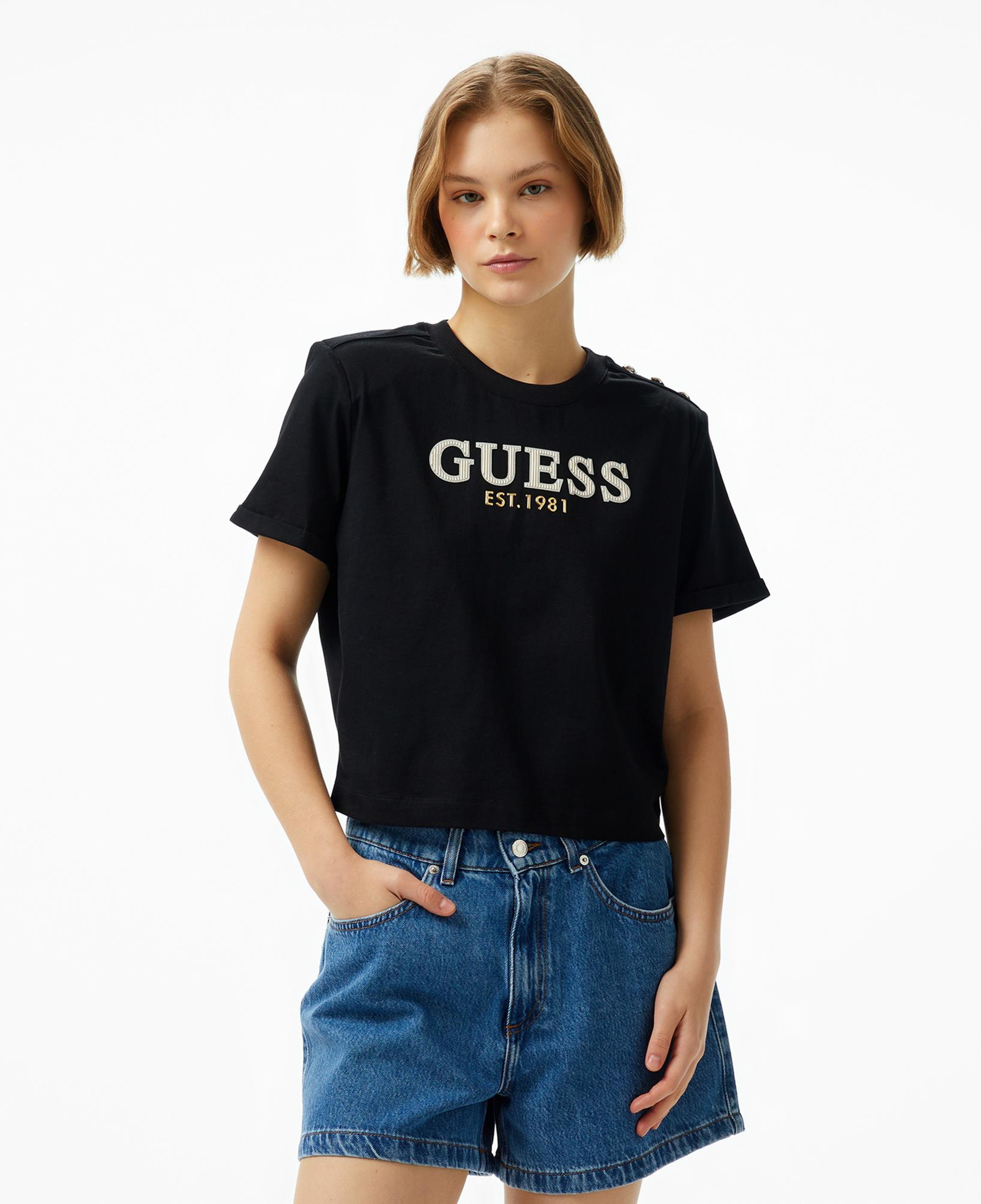 Guess Cropped Washed Mid Organic Heavy 205 Kadın Siyah T-Shirt