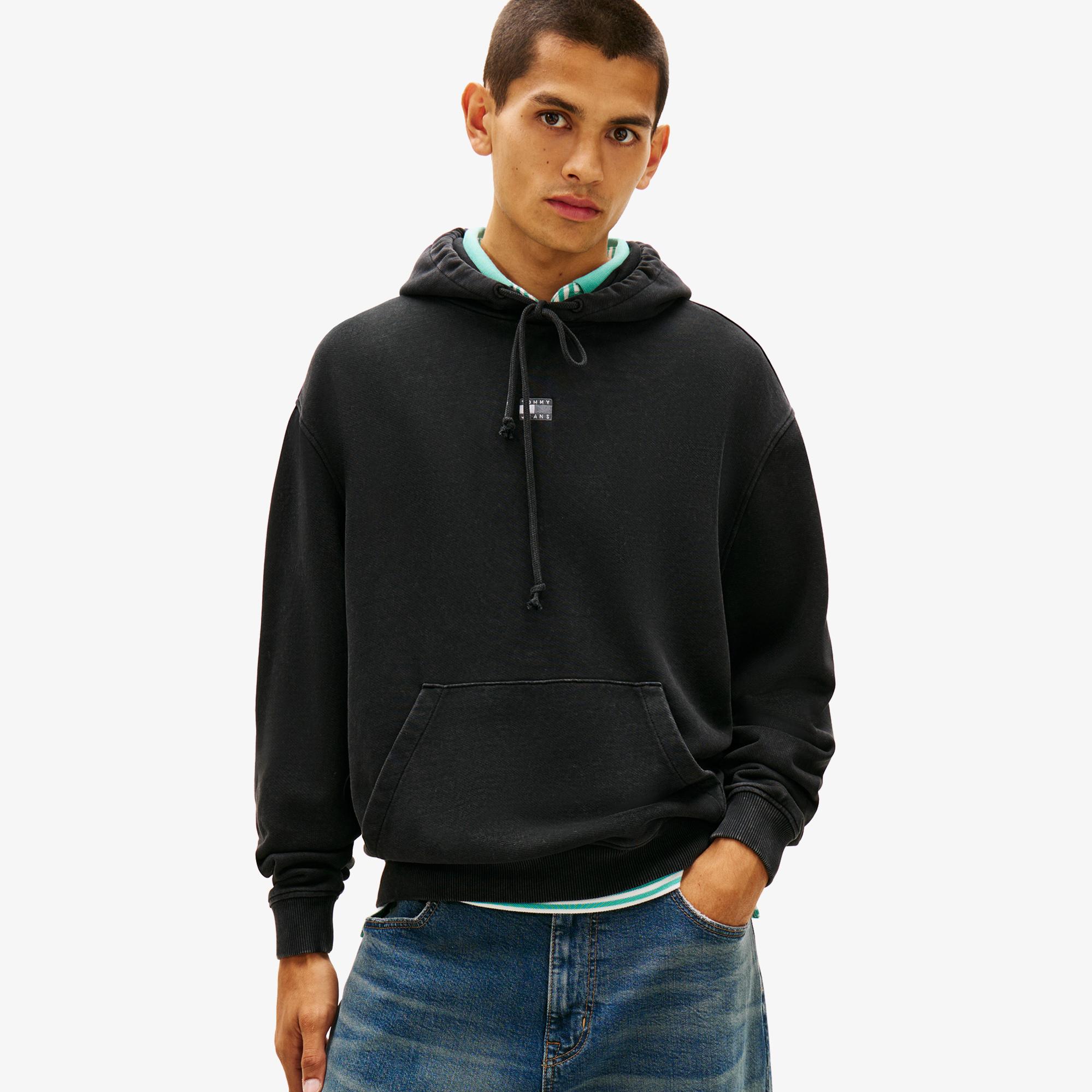 Tommy Hilfiger Relaxed Overdyed Flag Hood Erkek Siyah Sweatshirt