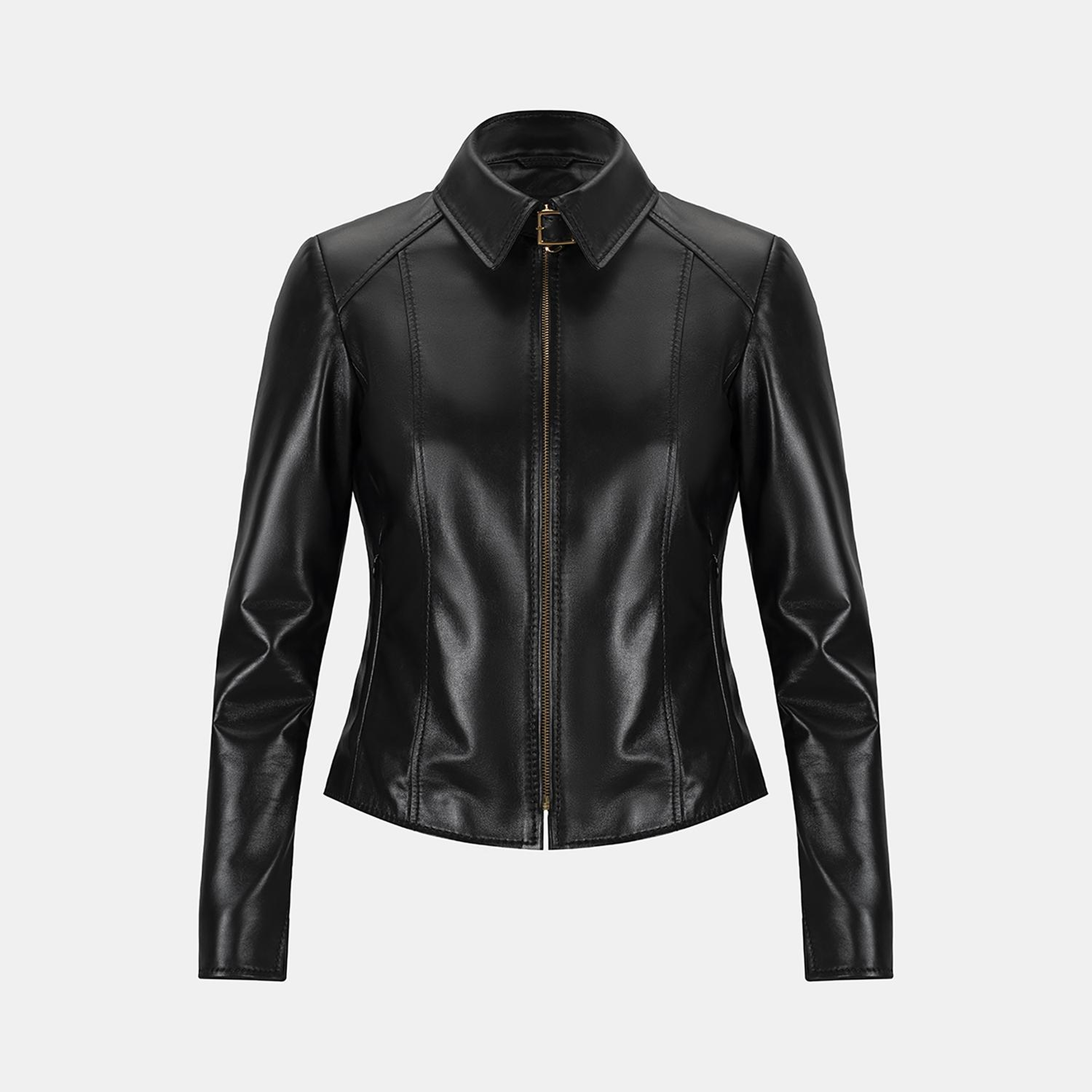 Kadın Siyah Gömlek Yakalı Fit Deri Ceket