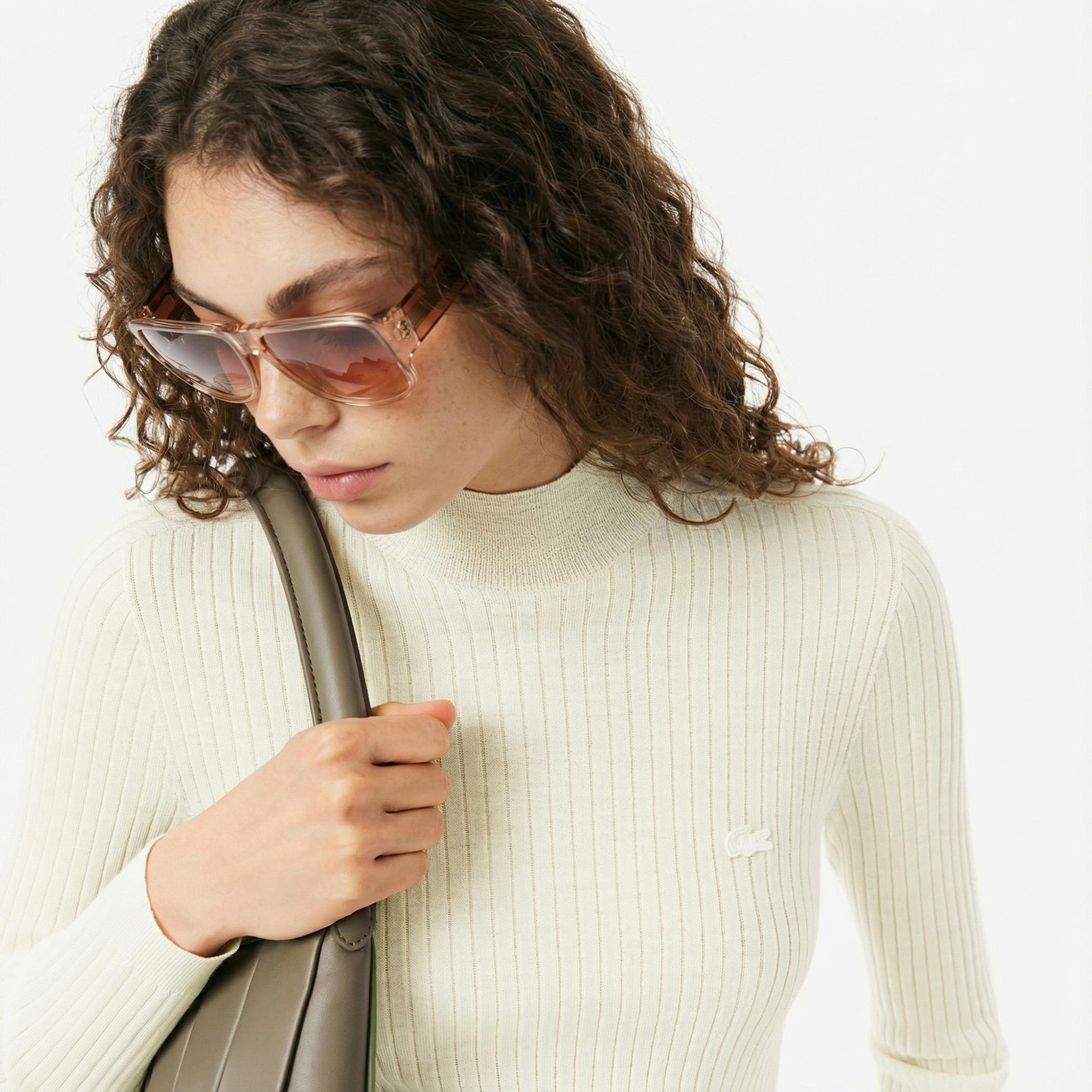 Lacoste Kadın Slim Fit Dik Yaka Beyaz Kazak