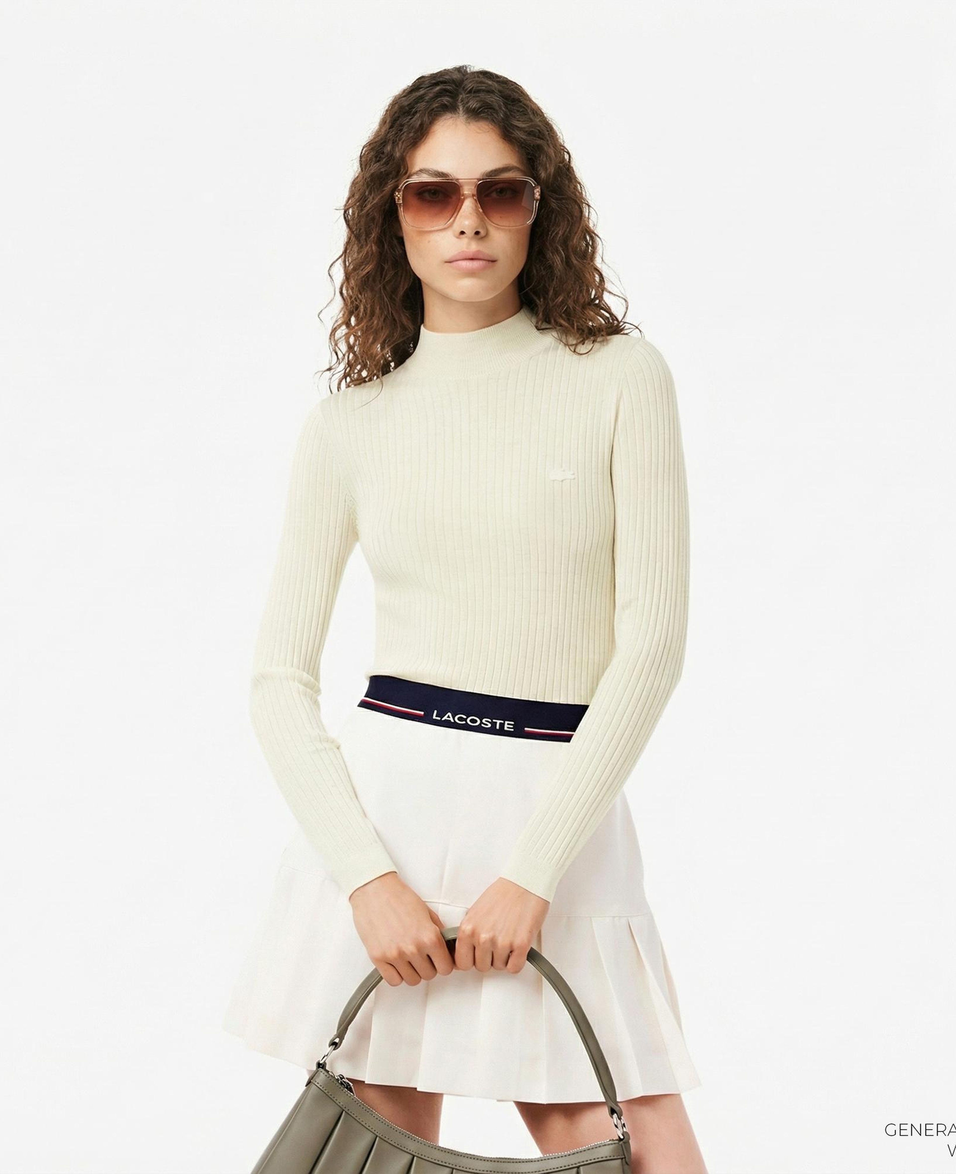 Lacoste Kadın Slim Fit Dik Yaka Beyaz Kazak