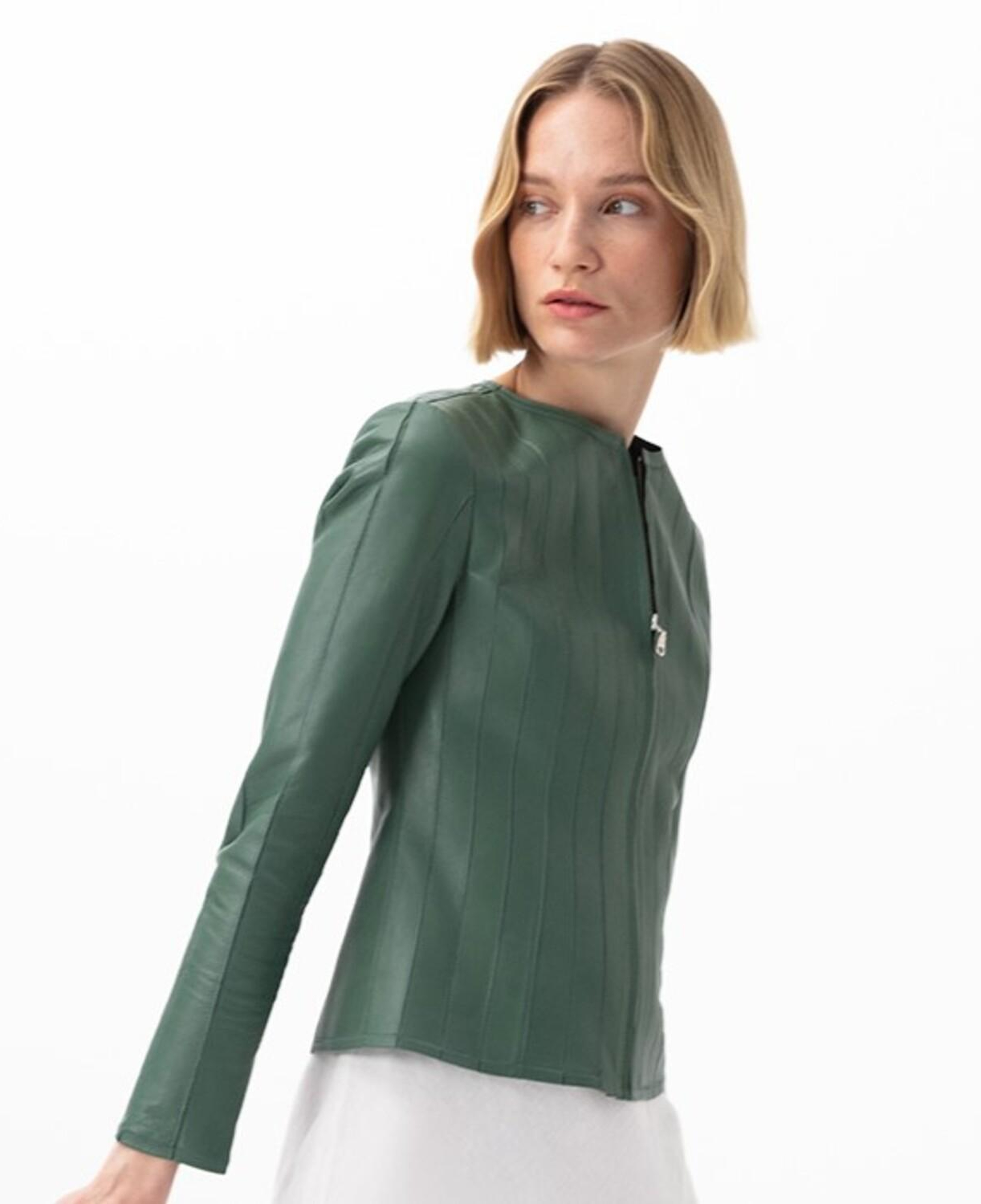 Deundria Yeşil Kadın Fit Panelli Deri Ceket