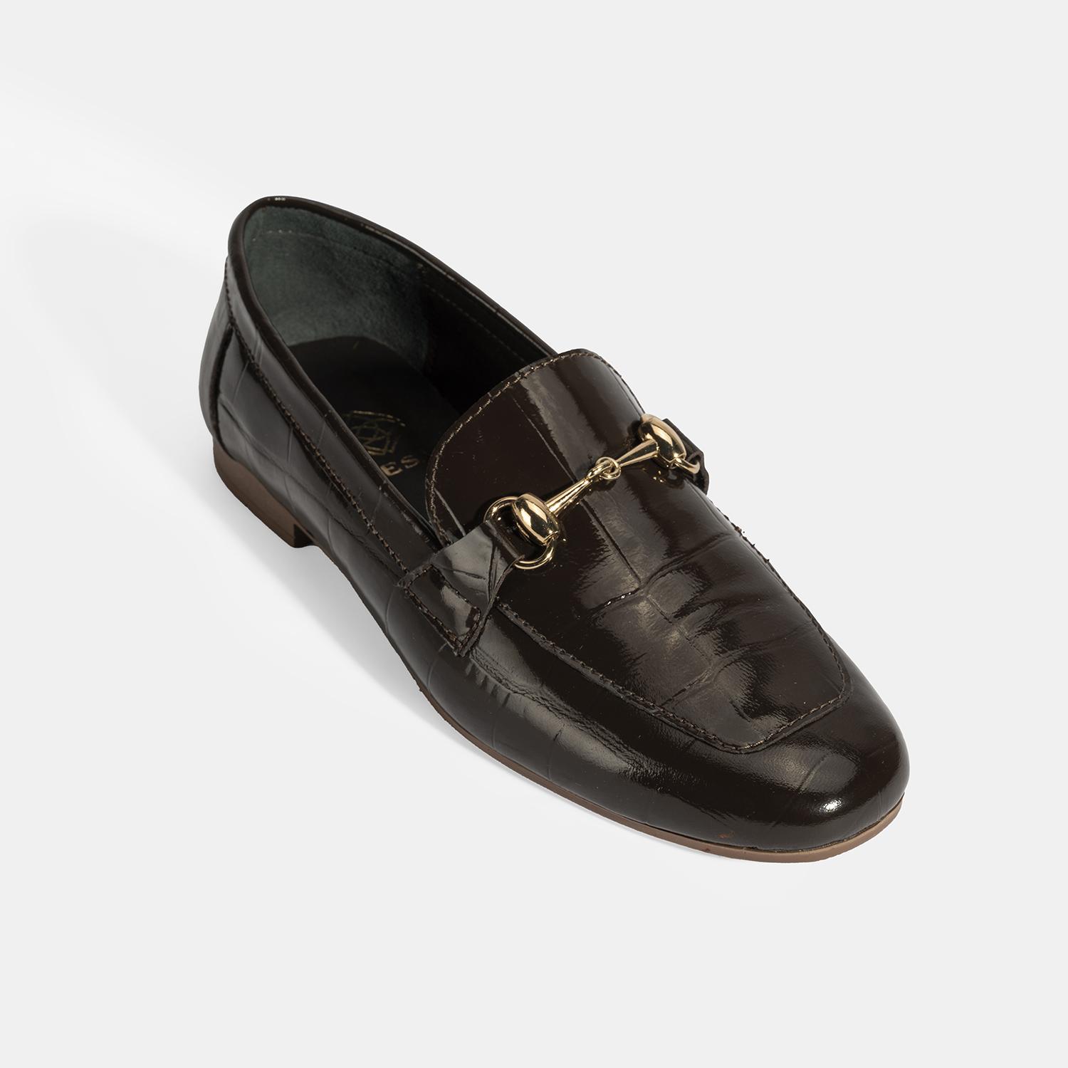 Kadın Kahve Kroko Baskılı Toka Detaylı Deri Loafer