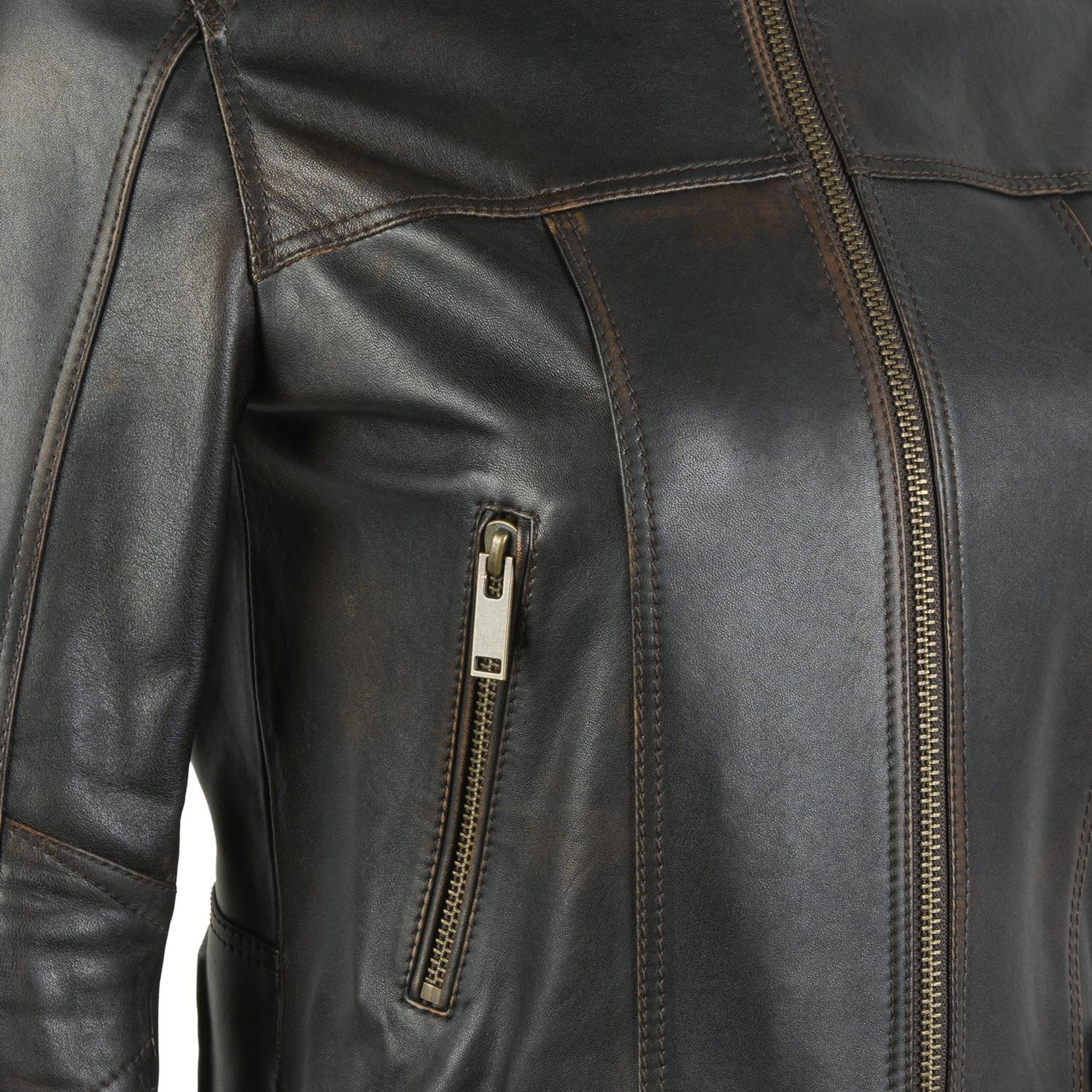 Meline Kahve Kadın Deri Biker Ceket