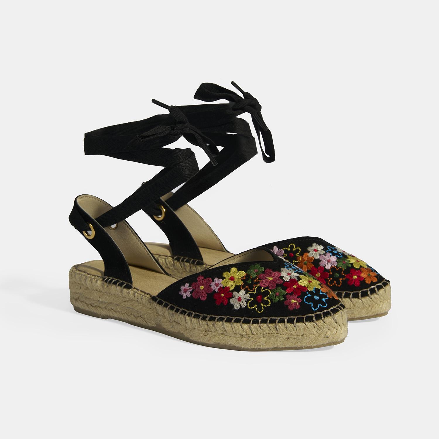 Limited Edition Siyah Kadın Çiçek Nakışlı Jüt Bağcıklı Slingback Espadril