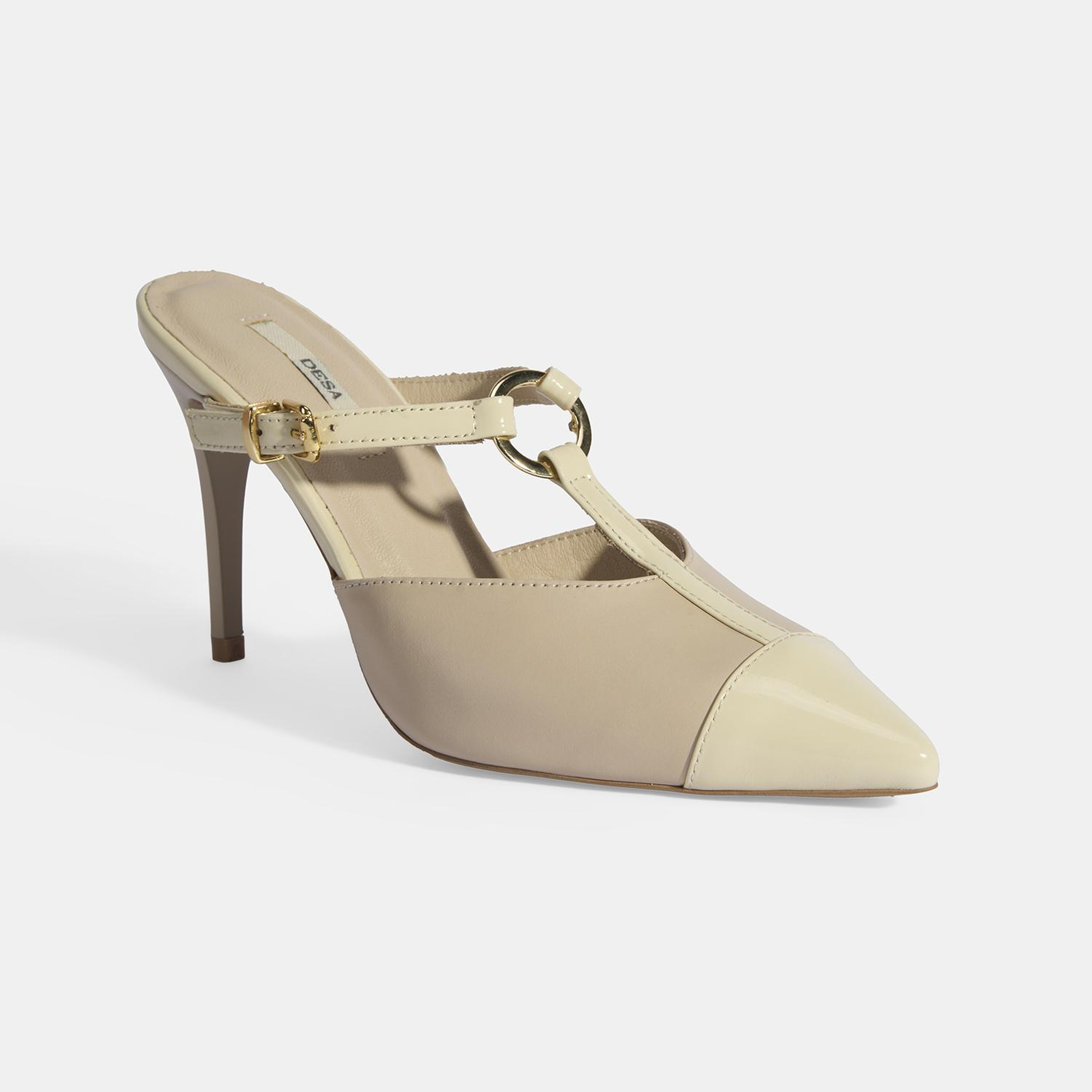 Kadın Bej Halka Aksesuarlı Deri Abiye Topuklu Terlik