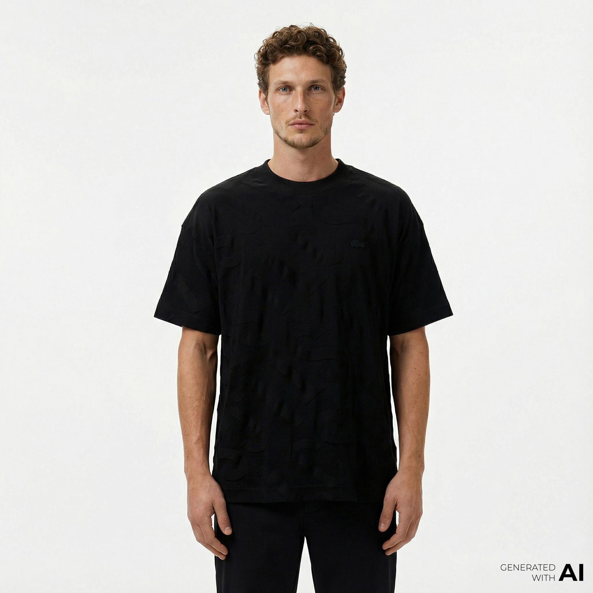 Lacoste Erkek Bisiklet Yaka Desenli Siyah T-Shirt