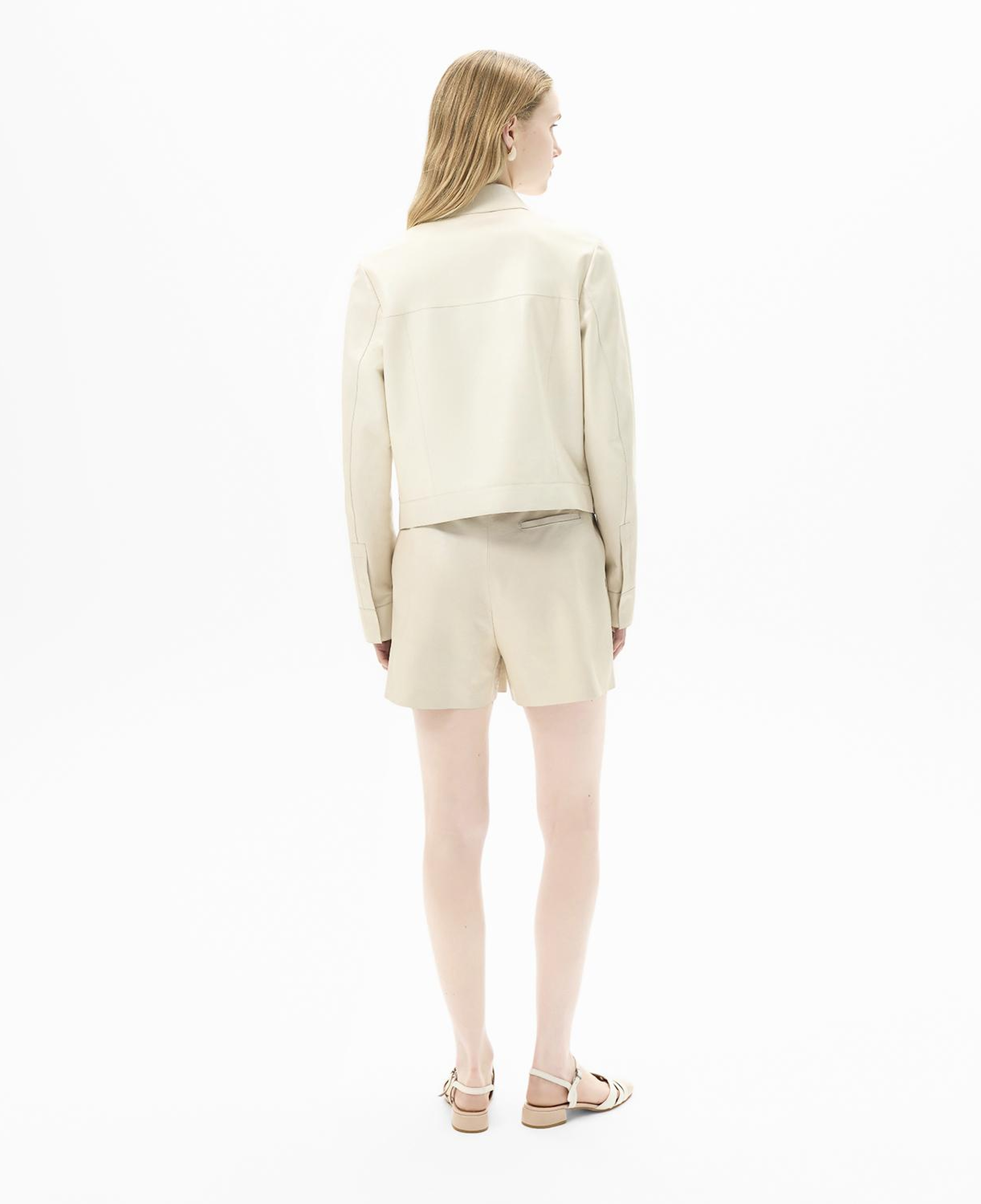 Kadın Beyaz Gömlek Yaka Örmeli Deri Ceket