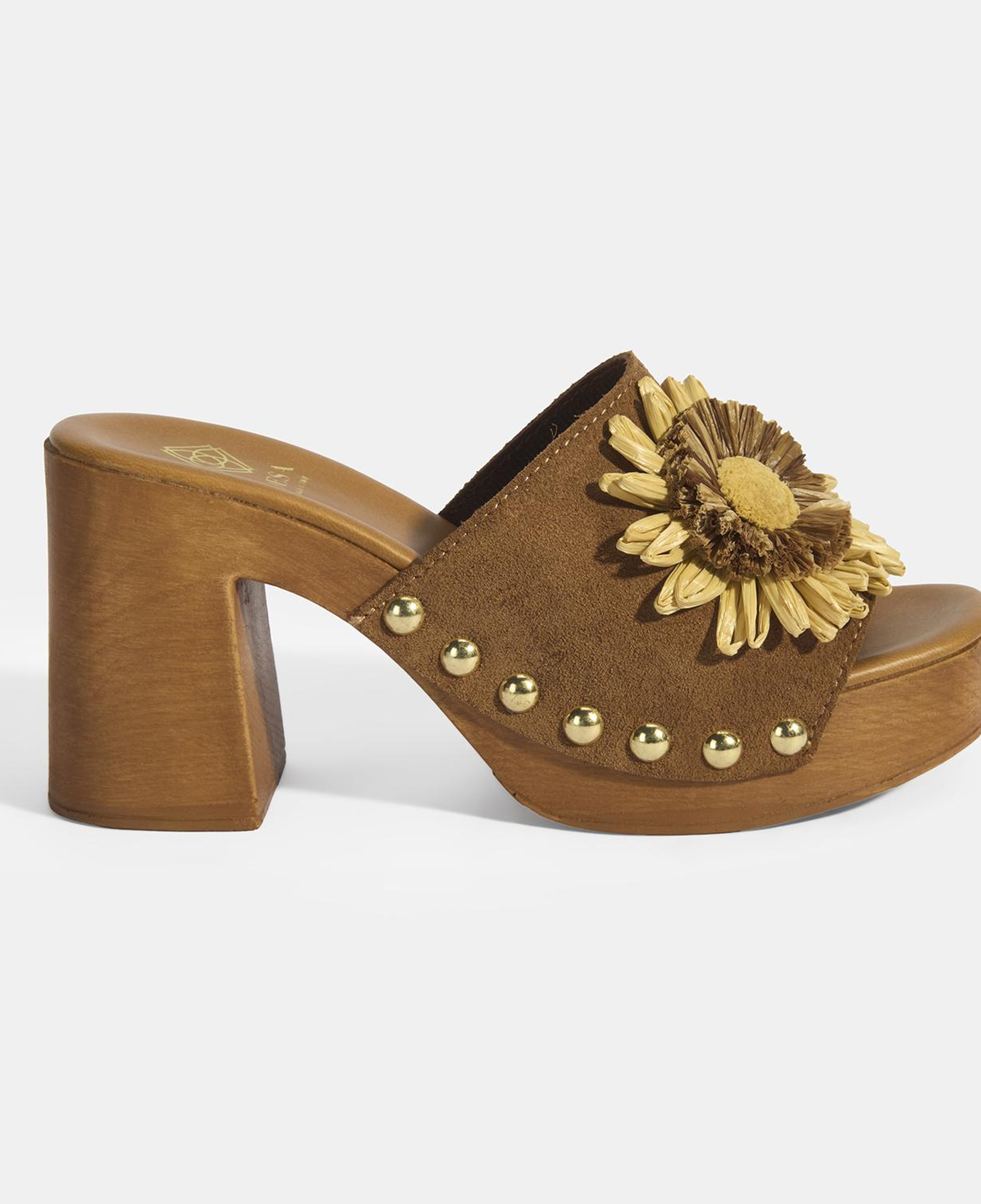 Kadın Taba Çiçek Aksesuarlı Süet Topuklu Terlik