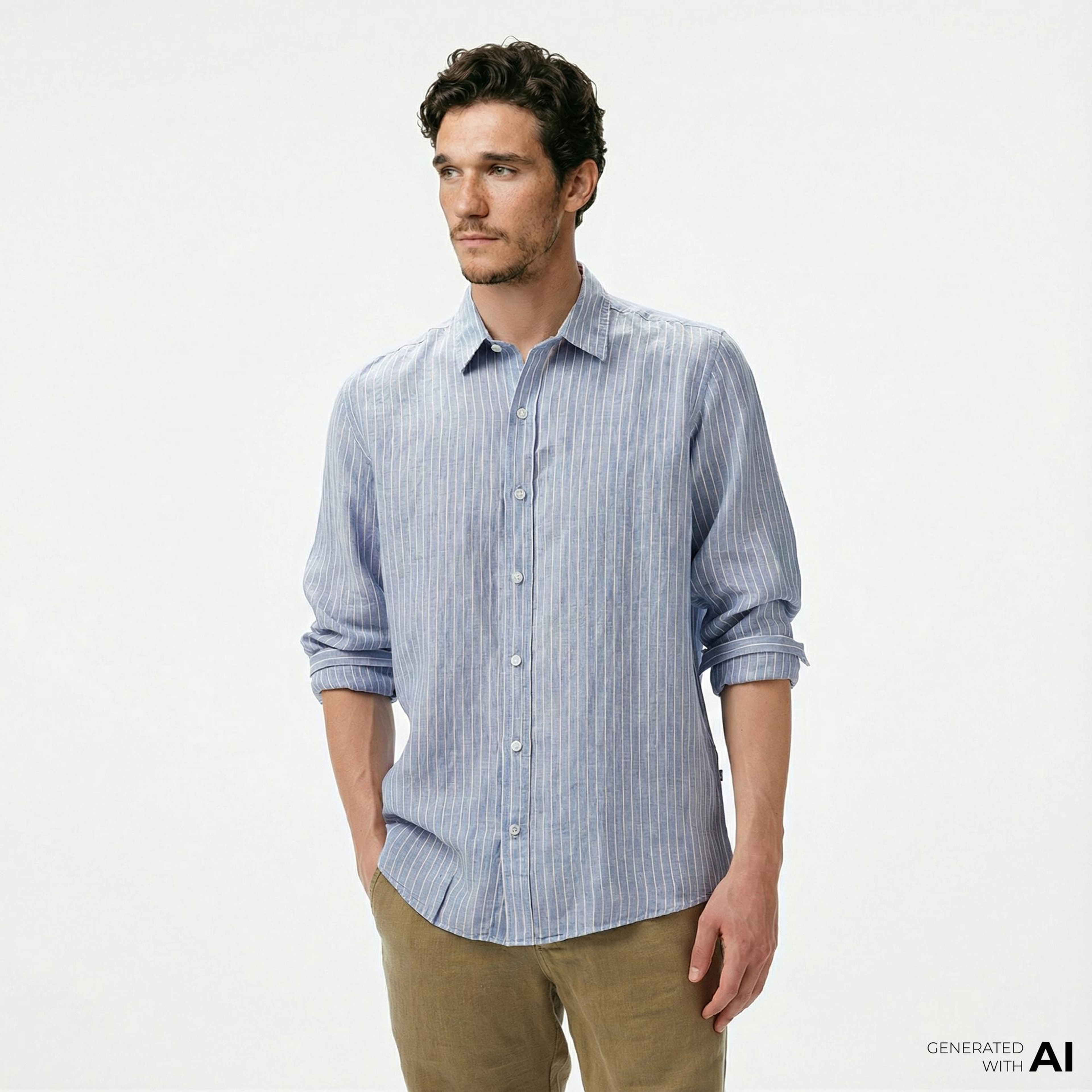 Nautica Erkek Mavi Classic Fit Çizgili Keten Gömlek