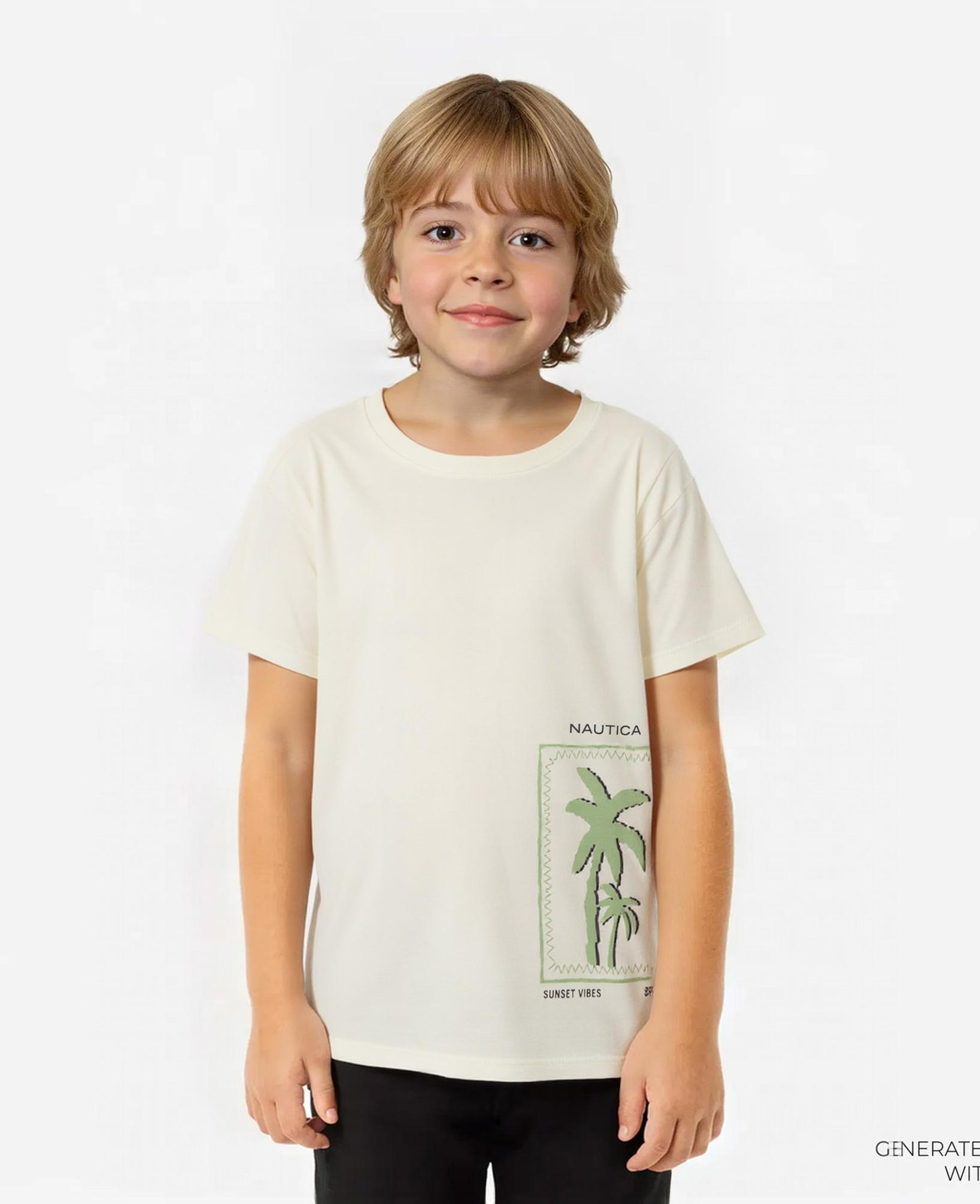 Nautica Erkek Çocuk Krem Rengi Regular Fit Baskılı T-Shirt