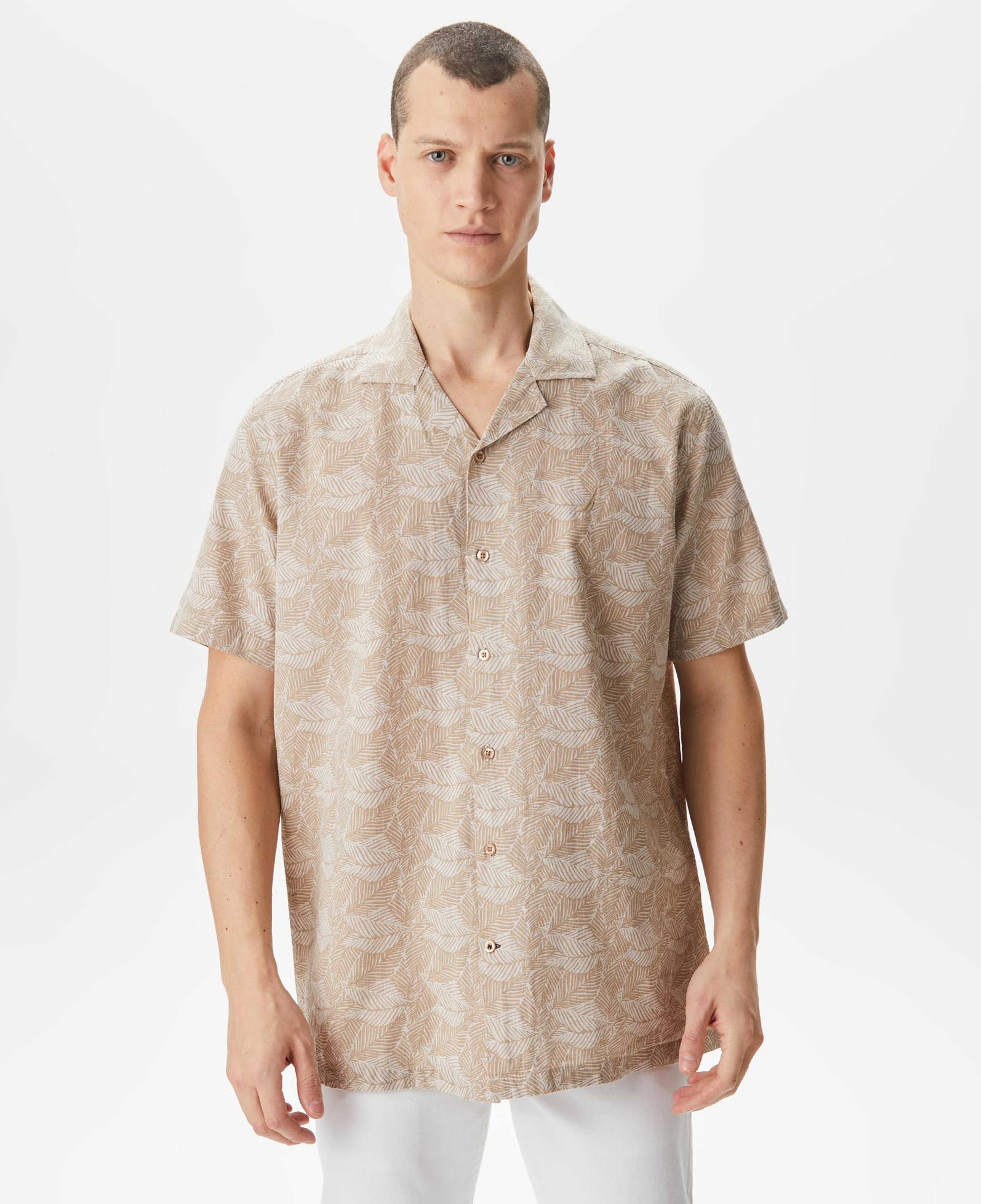 Nautica Erkek Bej Classic Fit Kısa Kollu Desenli Keten Gömlek