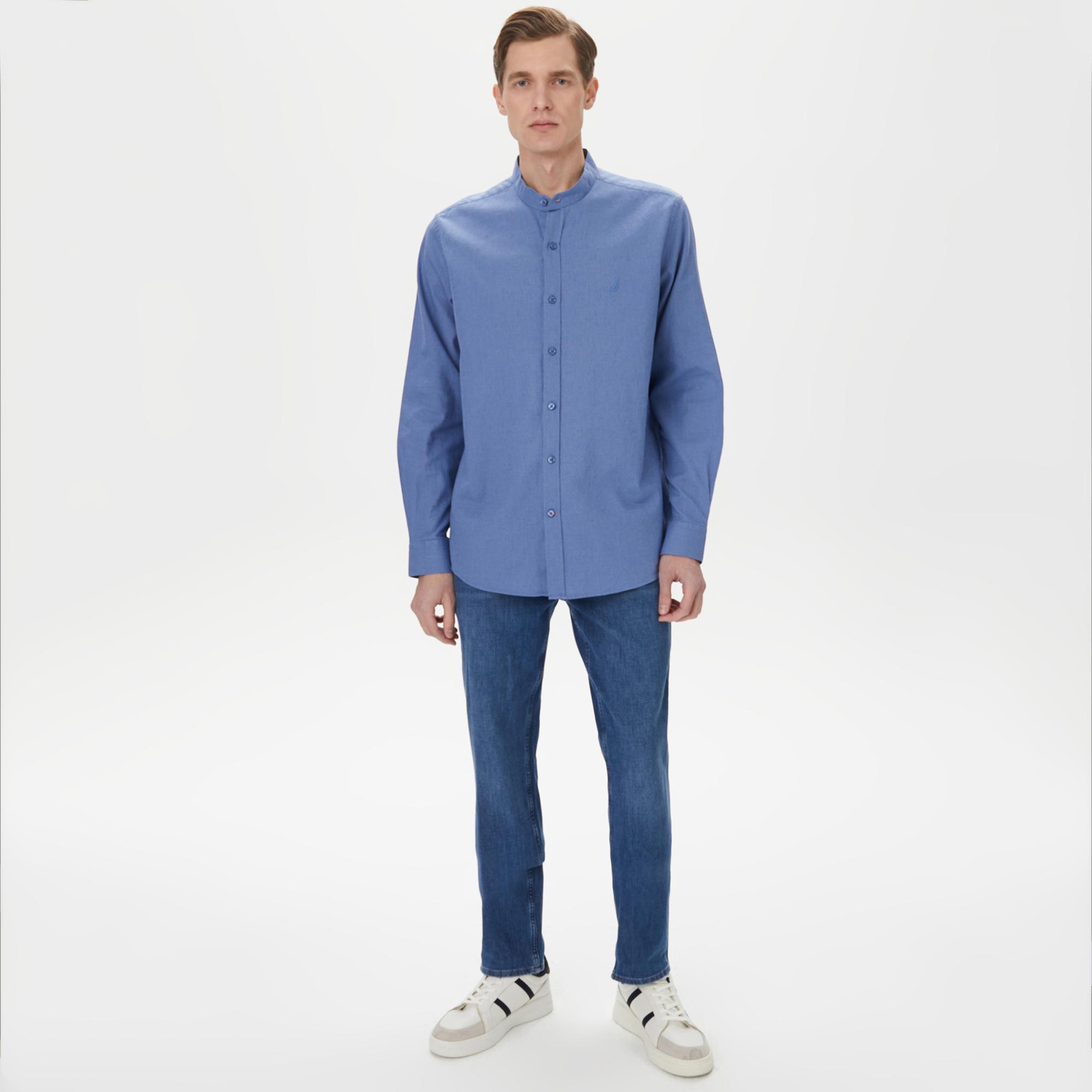 Nautica Erkek Mavi Classic Fit Keten Gömlek