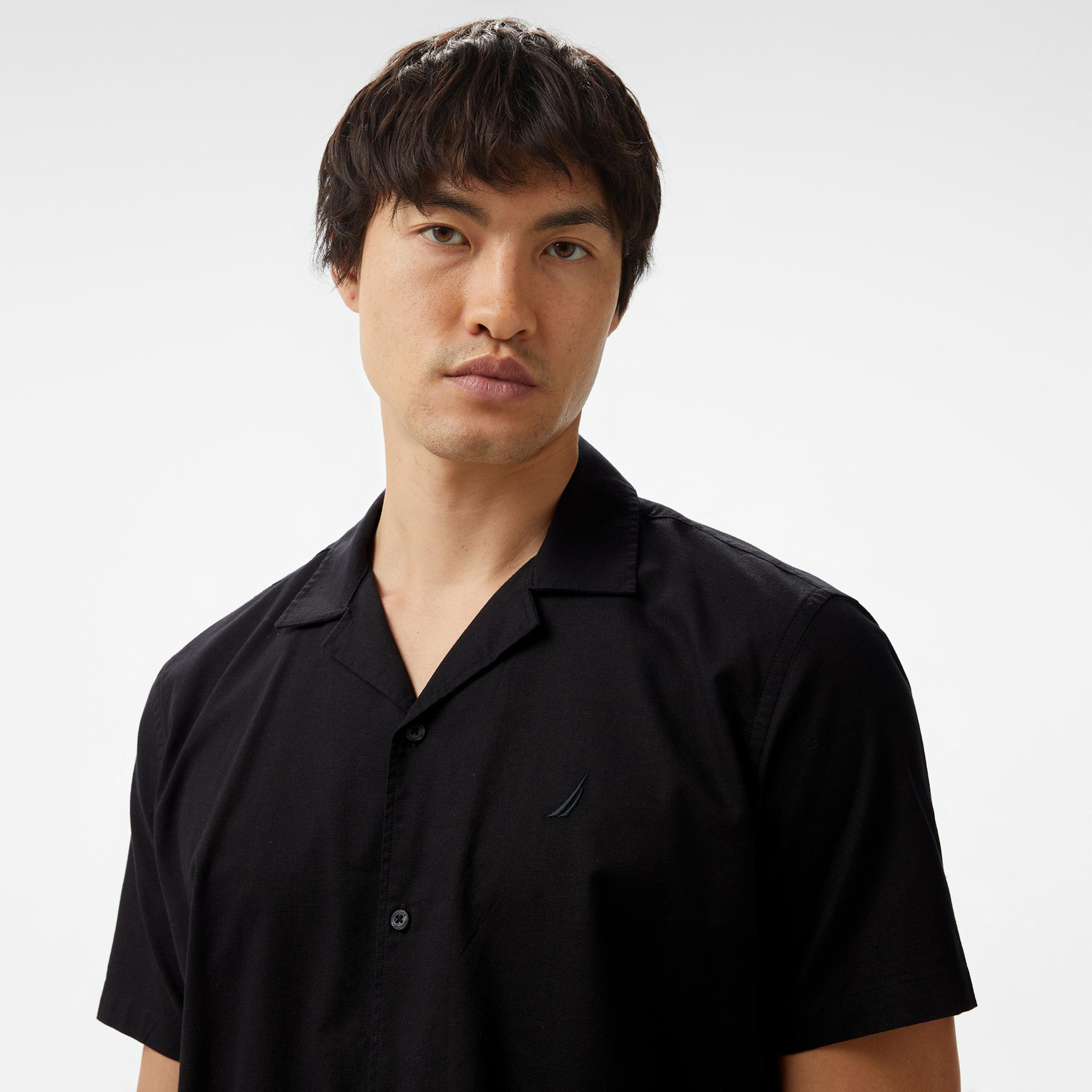 Nautica Erkek Siyah Oversize Kısa Kollu Keten Gömlek