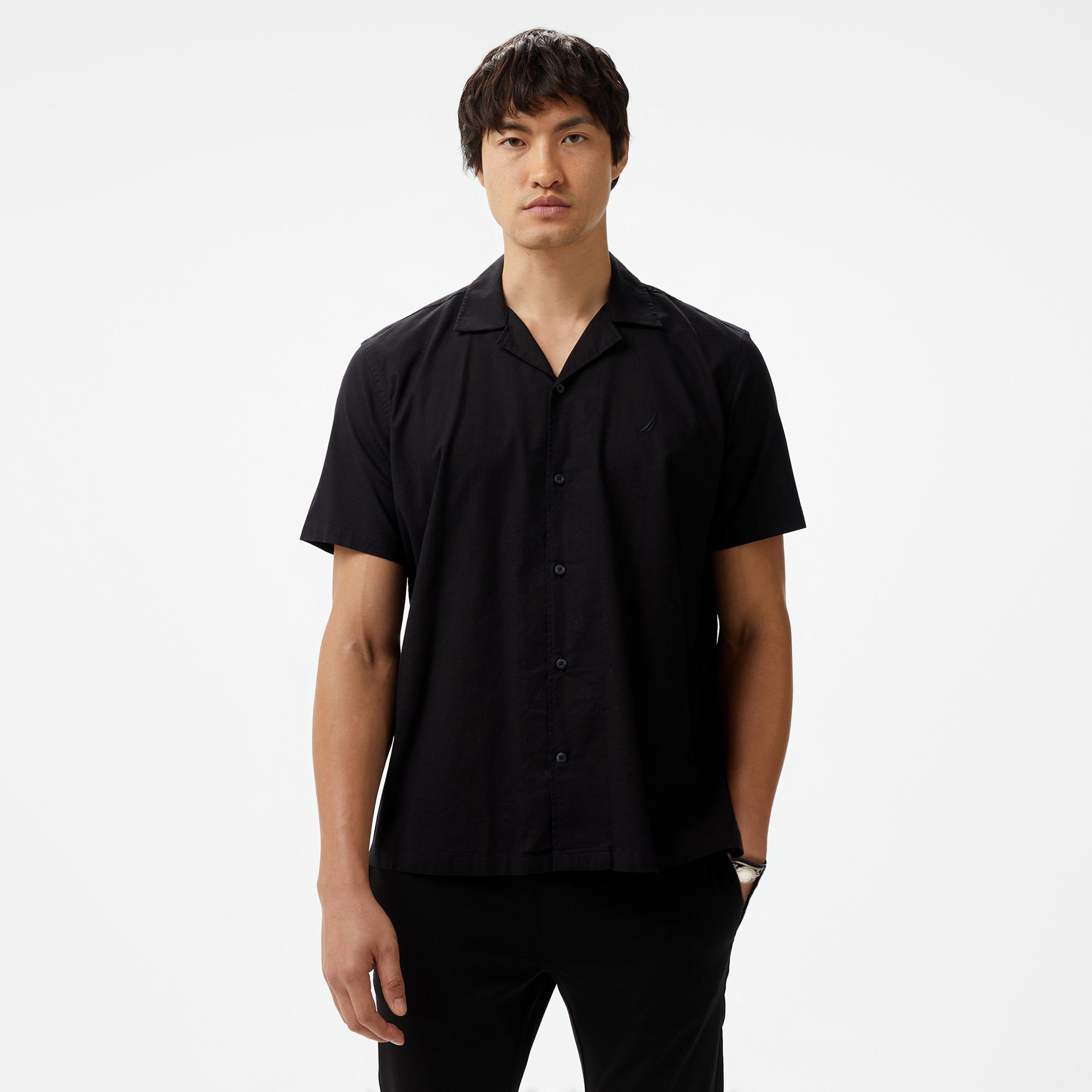 Nautica Erkek Siyah Oversize Kısa Kollu Keten Gömlek