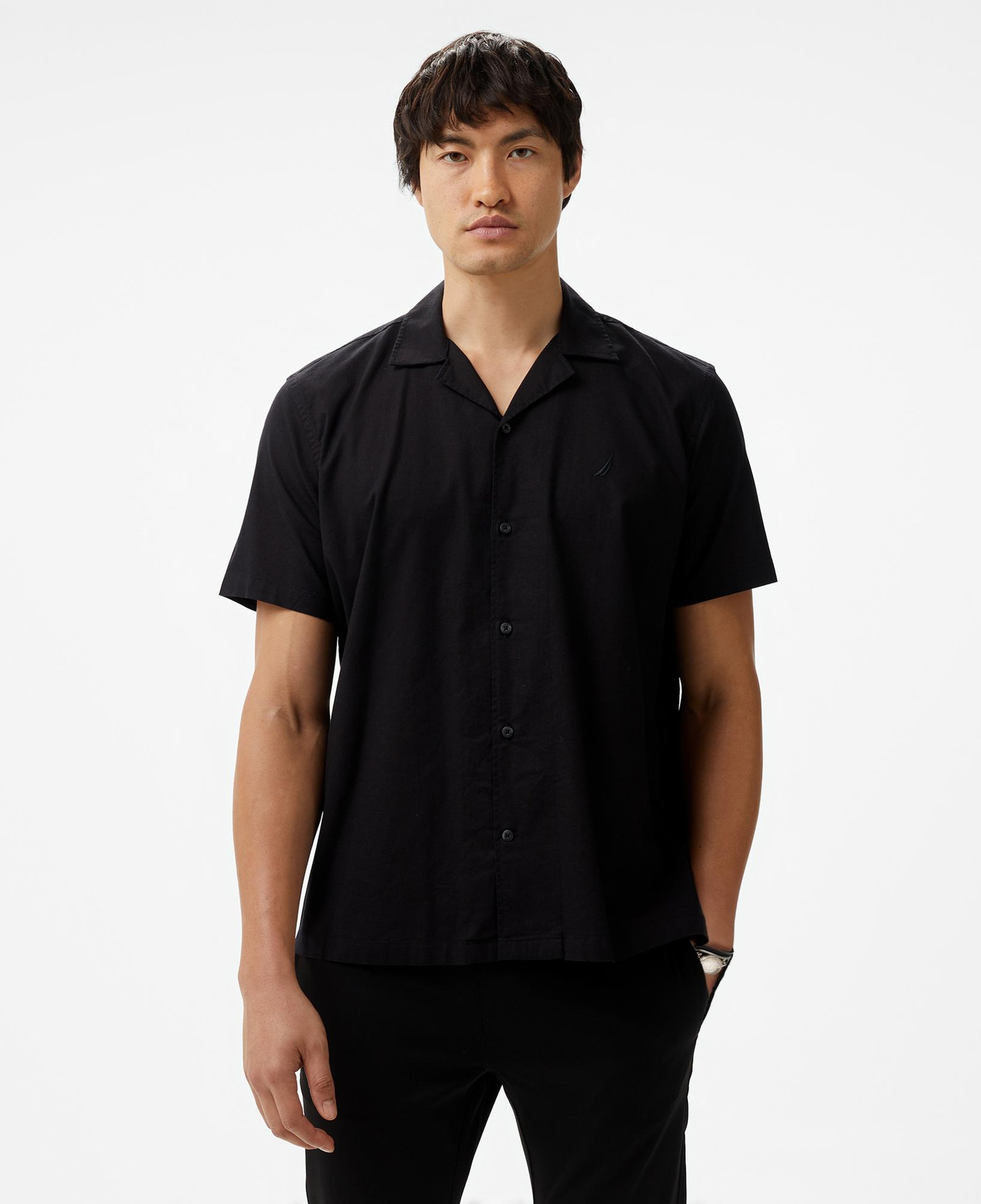 Nautica Erkek Siyah Oversize Kısa Kollu Keten Gömlek