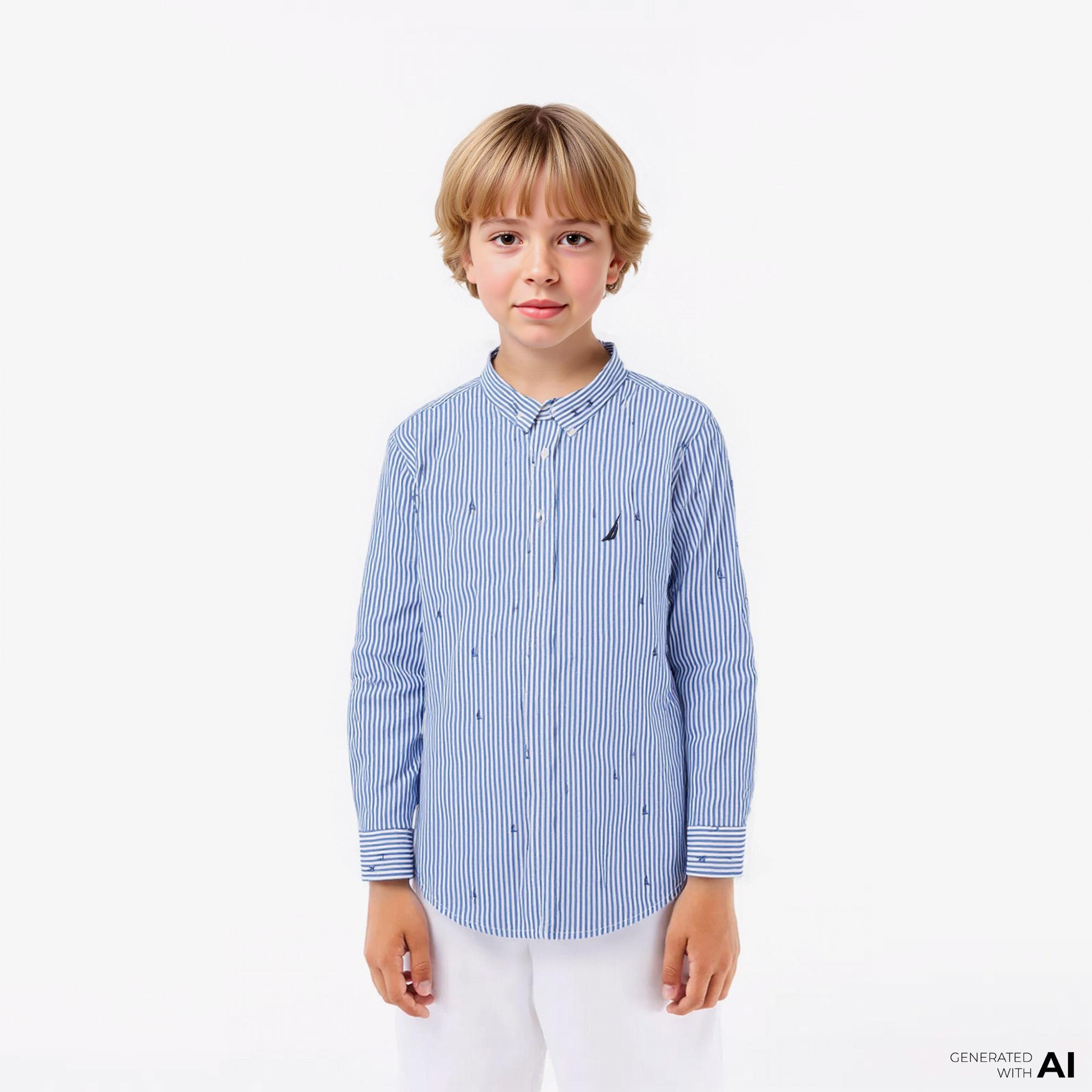Nautica Erkek Çocuk Mavi Classic Fit Çizgili Gömlek
