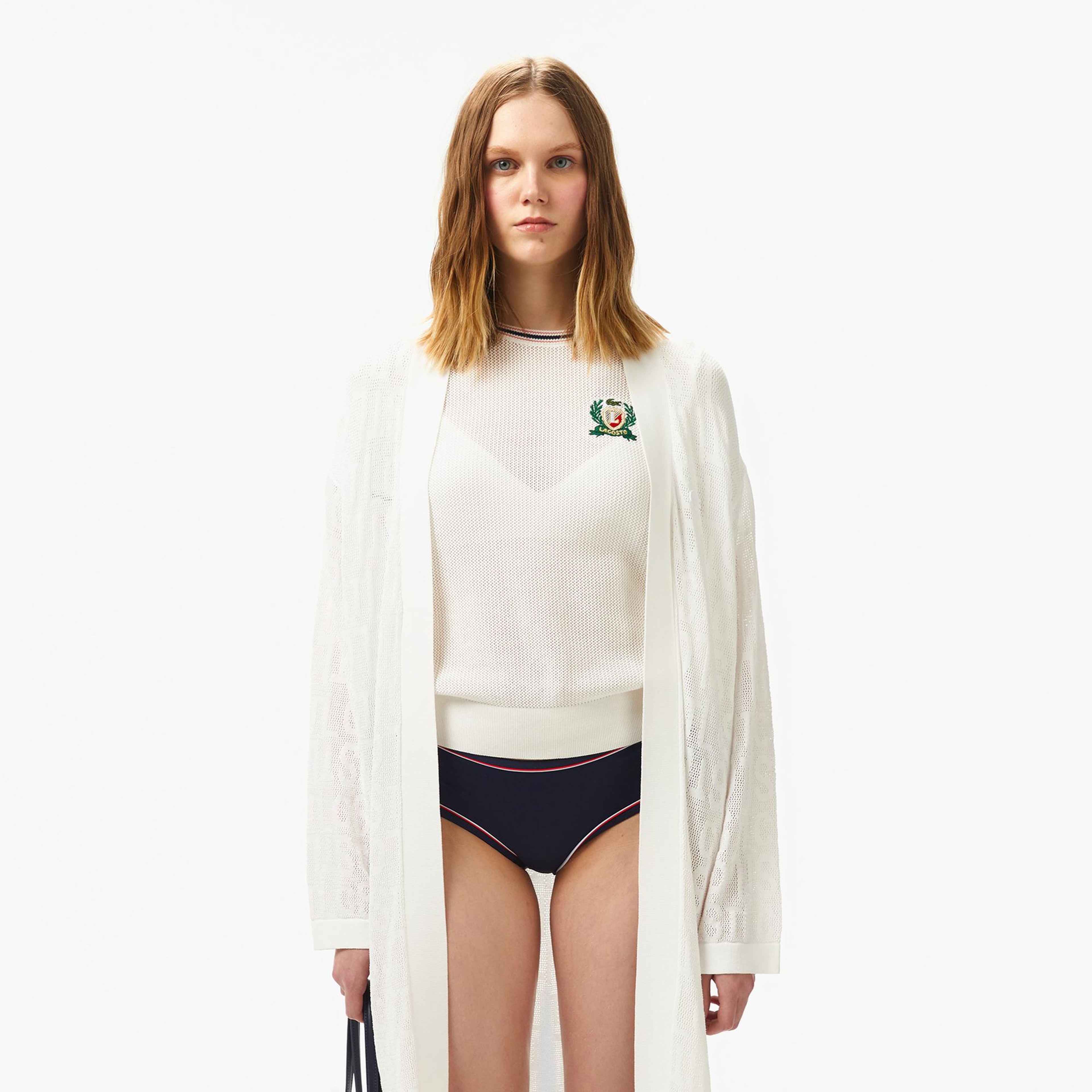 Lacoste Kadın Relaxed Fit Desenli Beyaz Hırka