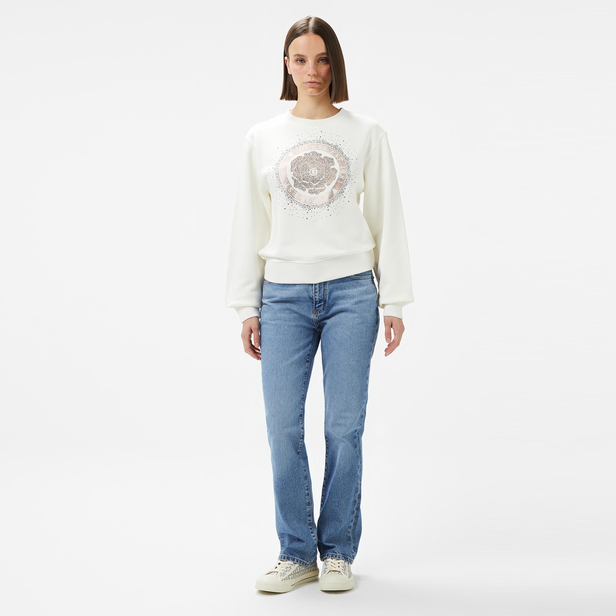 Guess Peony Logo Organic Kadın Beyaz Sweatshirt