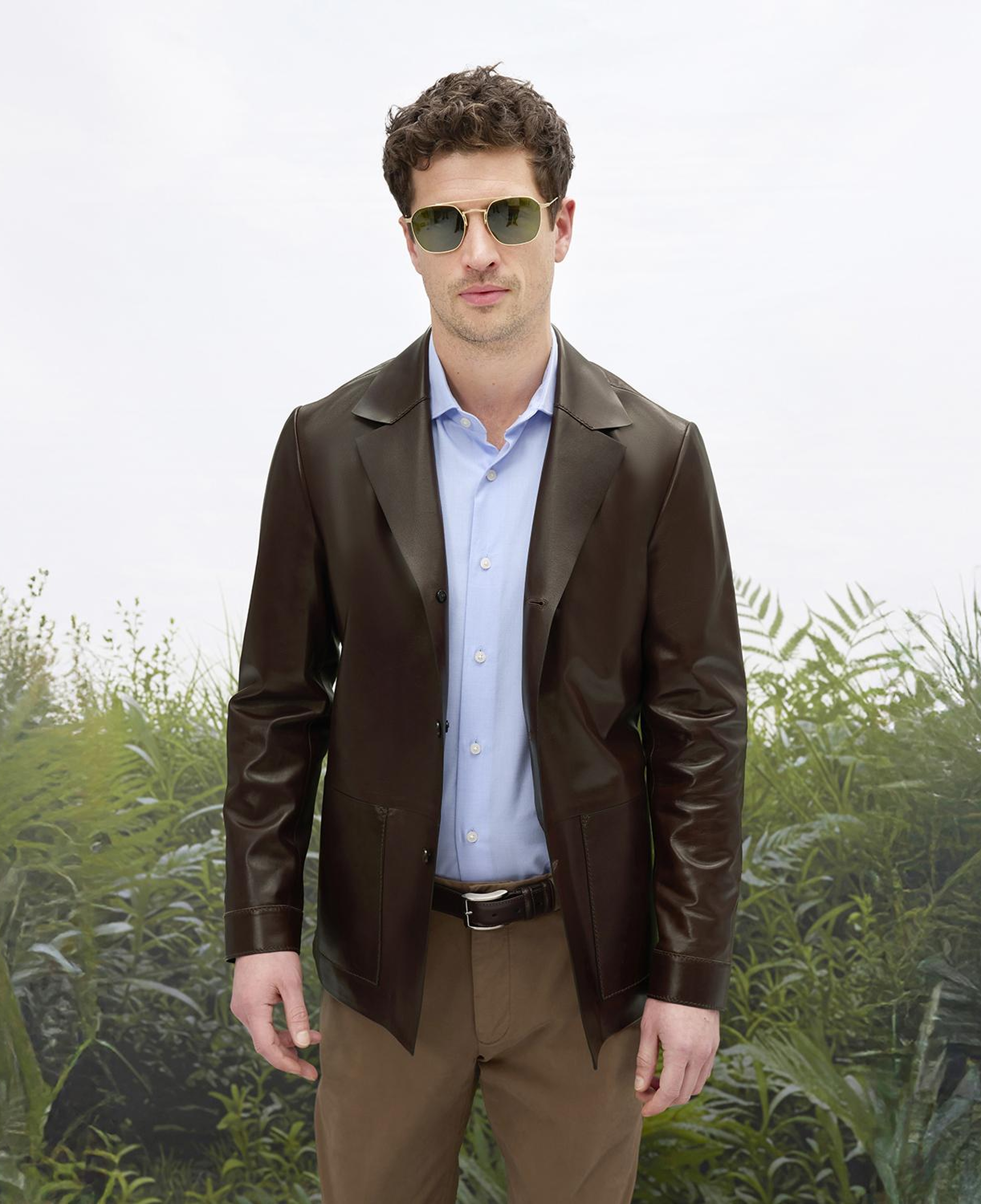 Erkek Kahve Gömlek Yaka Deri Blazer Ceket