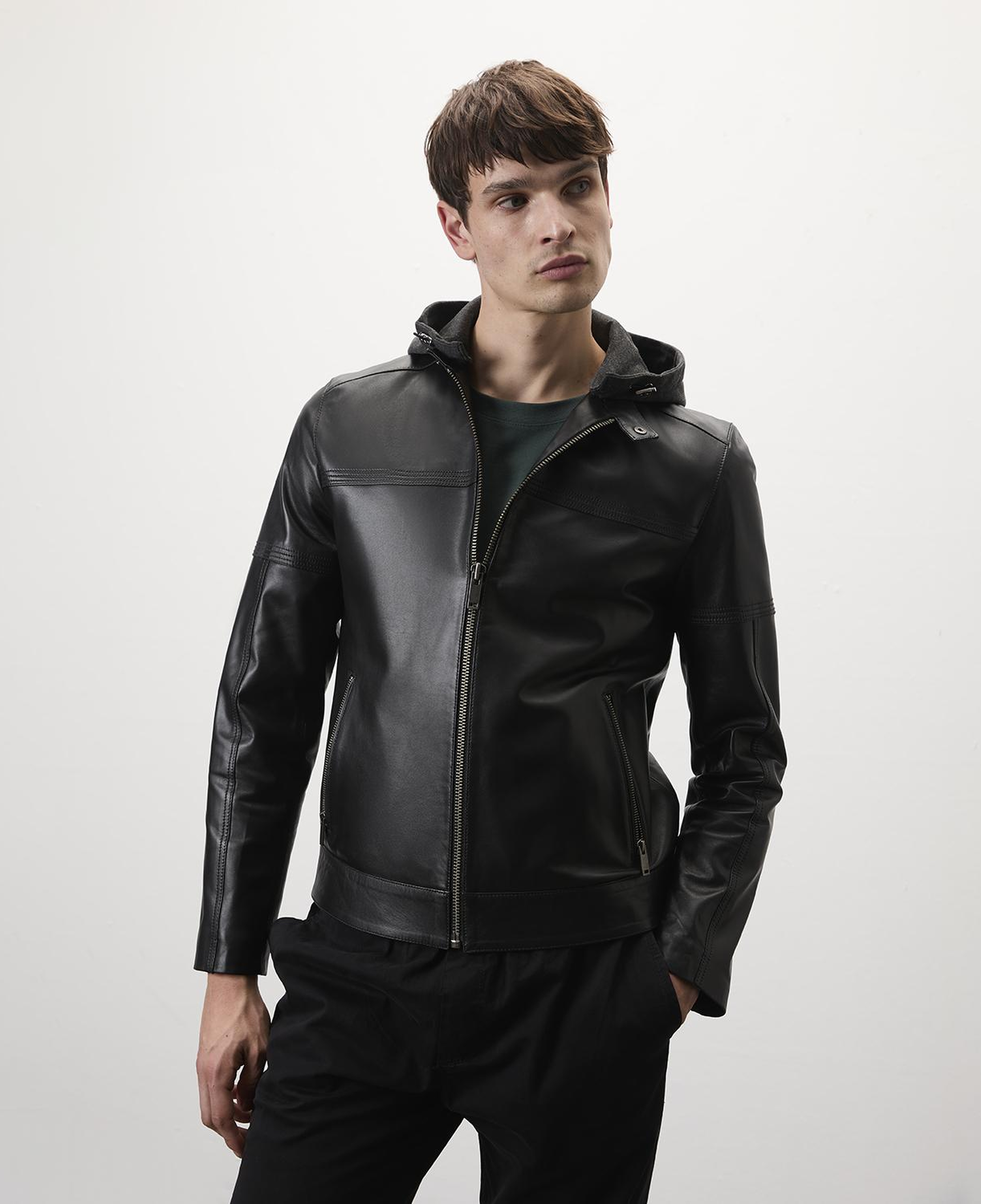 Selino Siyah Erkek Kapüşonlü Deri Mont