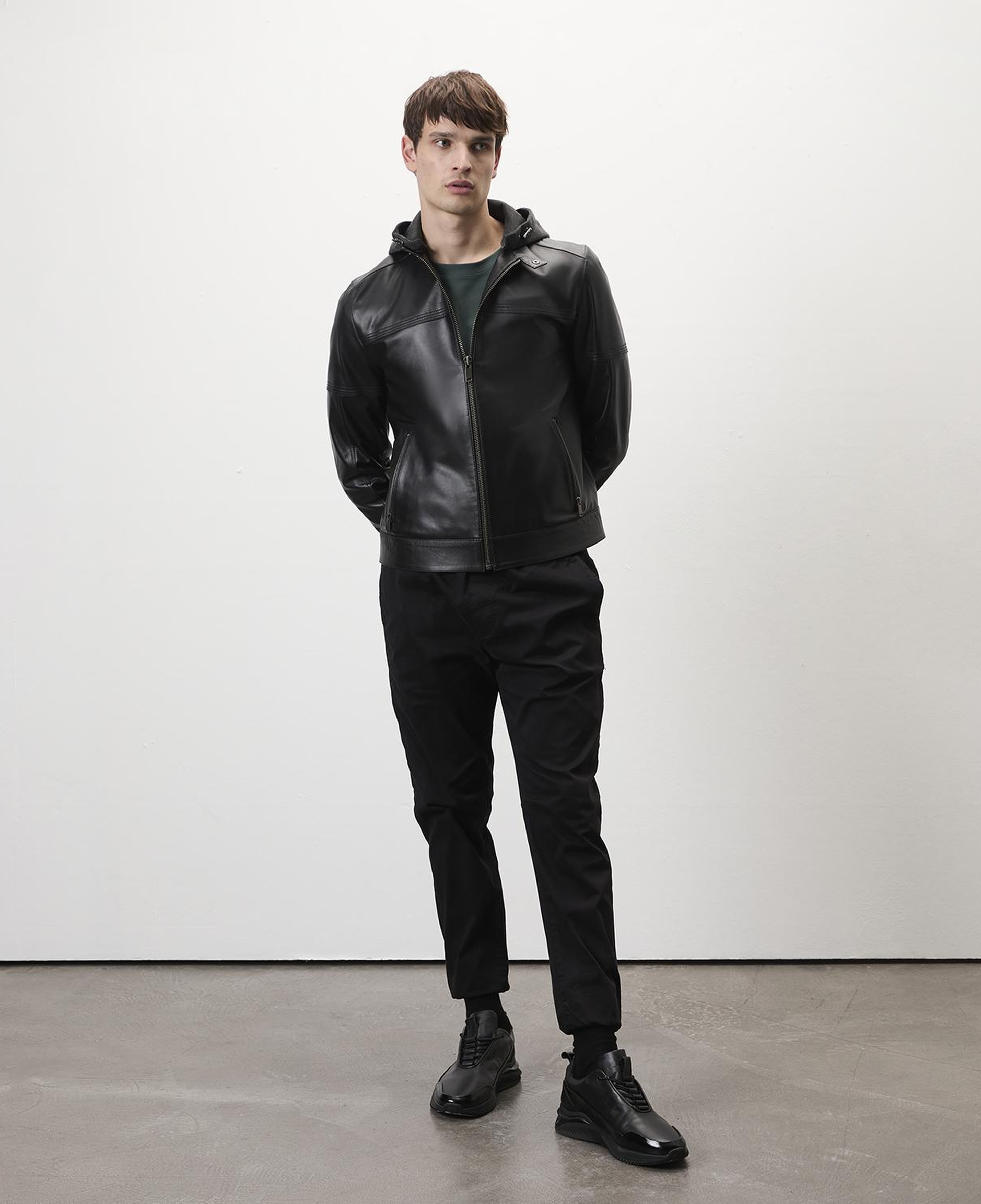 Selino Siyah Erkek Kapüşonlü Deri Mont